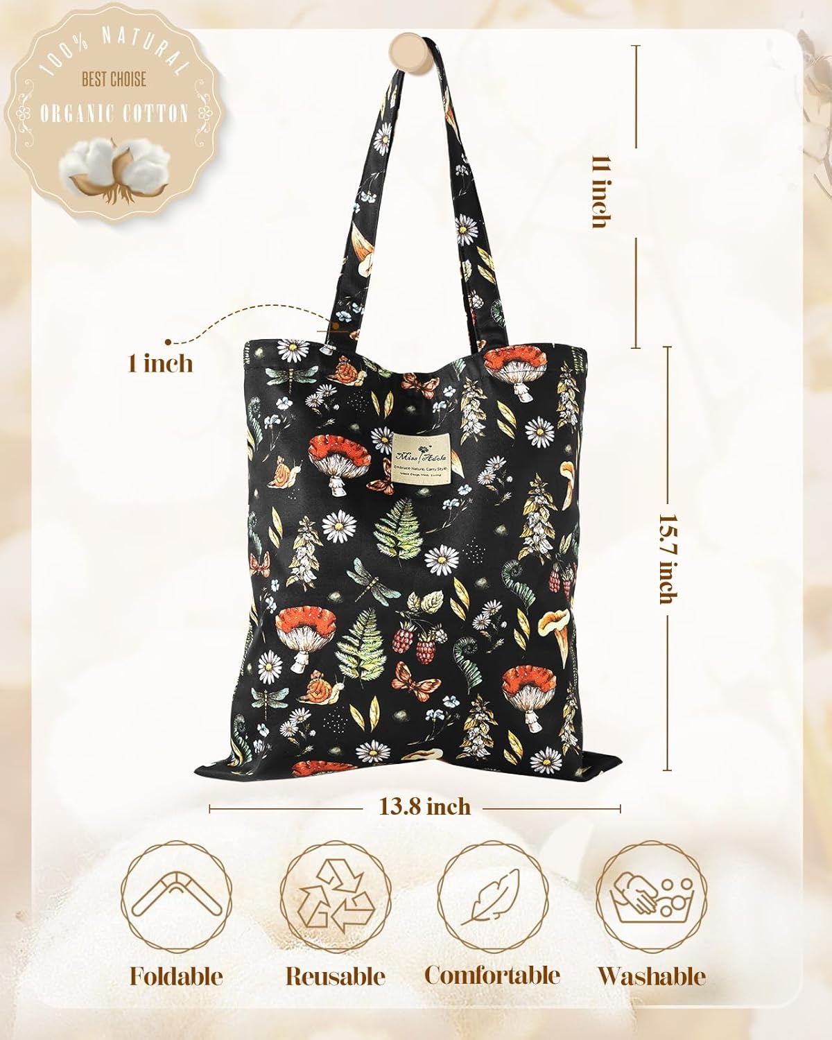image:imageMiss Adola Aesthetic Tote Bag for Women Reusable Shoulder Bag with Buckle Fabric Bag for Gym Travel WorkMushroom Plants