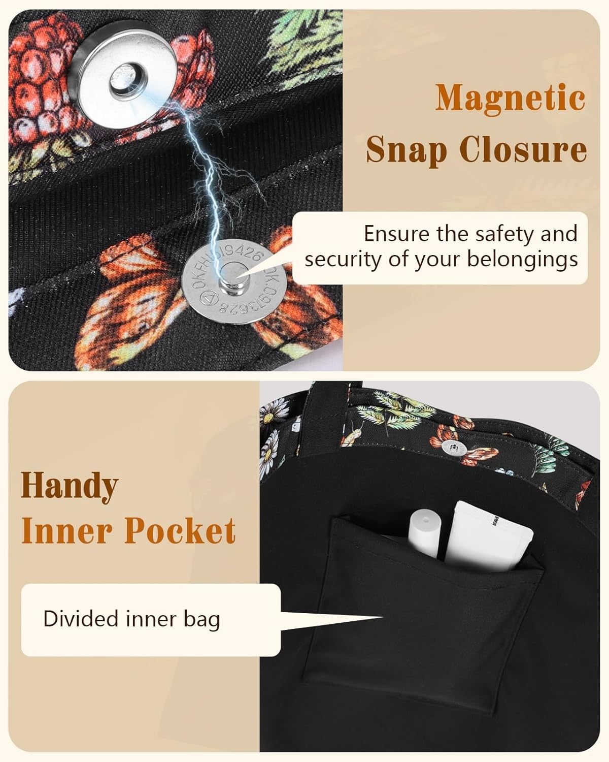 image:imageMiss Adola Aesthetic Tote Bag for Women Reusable Shoulder Bag with Buckle Fabric Bag for Gym Travel WorkMushroom Plants