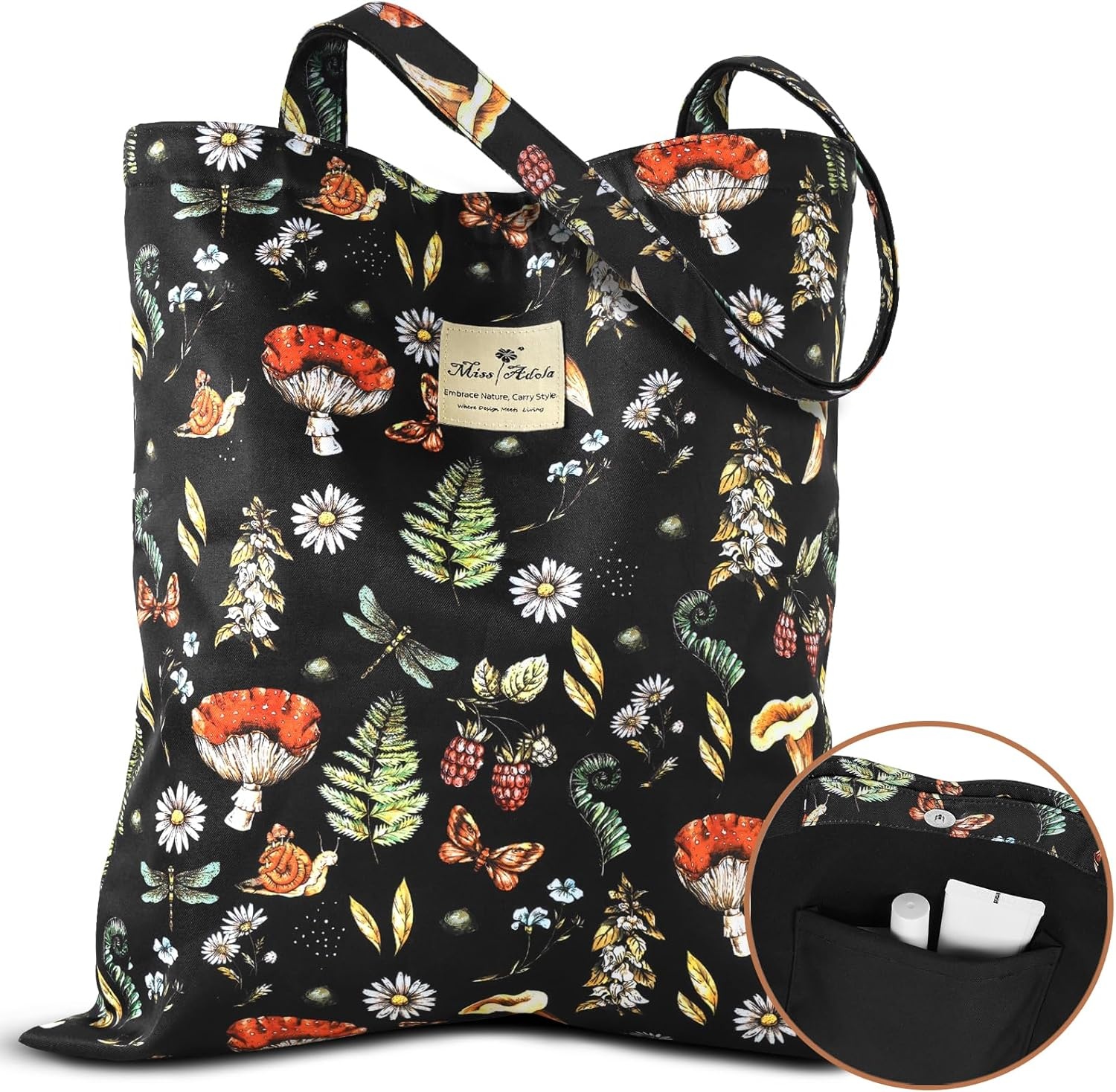 image:imageMiss Adola Aesthetic Tote Bag for Women Reusable Shoulder Bag with Buckle Fabric Bag for Gym Travel WorkMushroom Plants