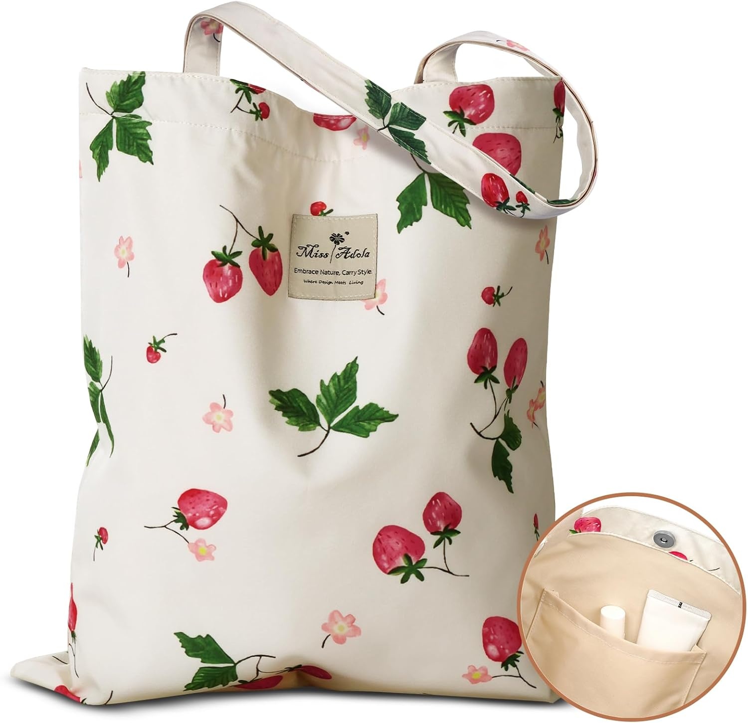 image:imageMiss Adola Aesthetic Tote Bag for Women Reusable Shoulder Bag with Buckle Fabric Bag for Gym Travel WorkStrawberry Floral