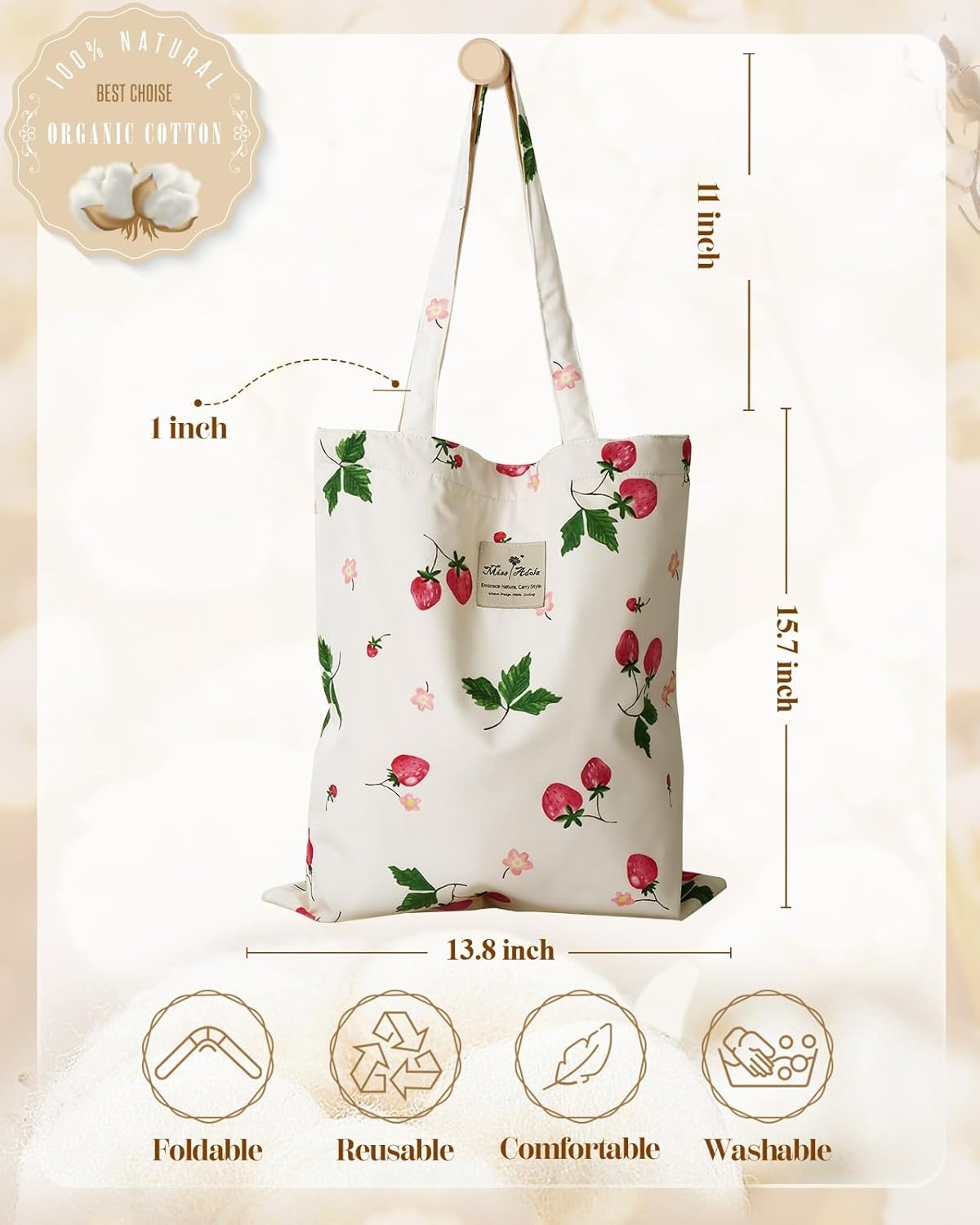image:imageMiss Adola Aesthetic Tote Bag for Women Reusable Shoulder Bag with Buckle Fabric Bag for Gym Travel WorkStrawberry Floral