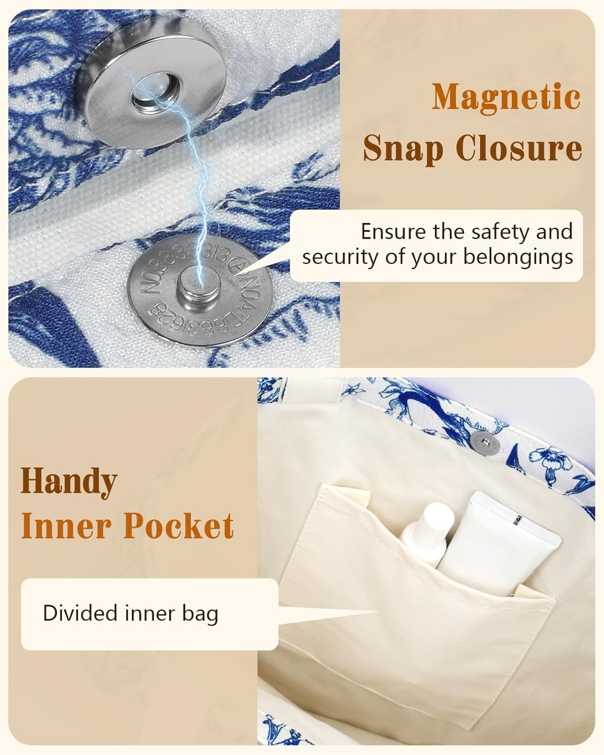 image:imageMiss Adola Aesthetic Tote Bag for Women Reusable Shoulder Bag with Buckle Fabric Bag for Gym Travel WorkWhite Blue Flowers