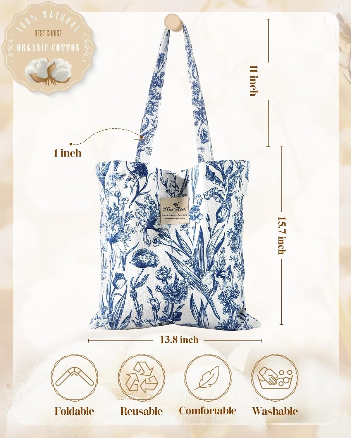 image:imageMiss Adola Aesthetic Tote Bag for Women Reusable Shoulder Bag with Buckle Fabric Bag for Gym Travel WorkWhite Blue Flowers