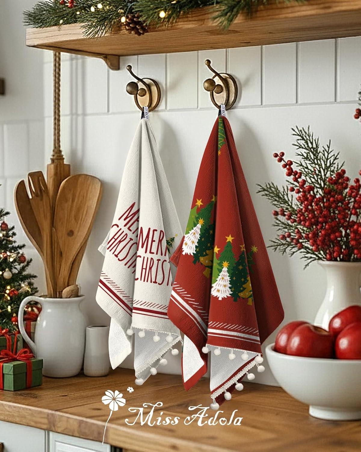 image:imageMiss Adola Christmas Kitchen Towels with Tassels Cotton Christmas Kitchen Towels 16x26 Inch Terry Cloth Decorative Xmas Theme Dish Towel for Holiday Cute Designs with Xmas Tree for Gifting
