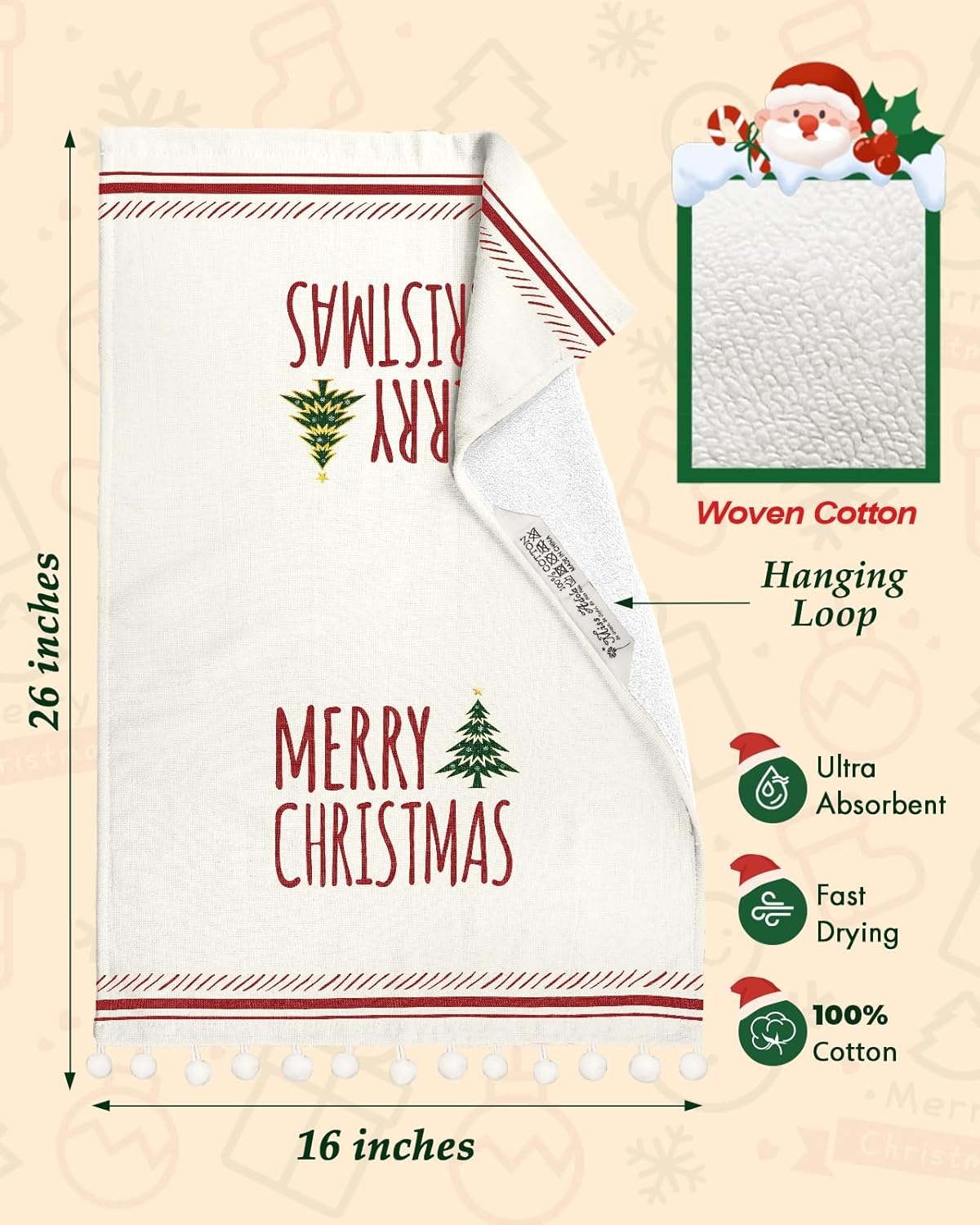 image:imageMiss Adola Christmas Kitchen Towels with Tassels Cotton Christmas Kitchen Towels 16x26 Inch Terry Cloth Decorative Xmas Theme Dish Towel for Holiday Cute Designs with Xmas Tree for Gifting