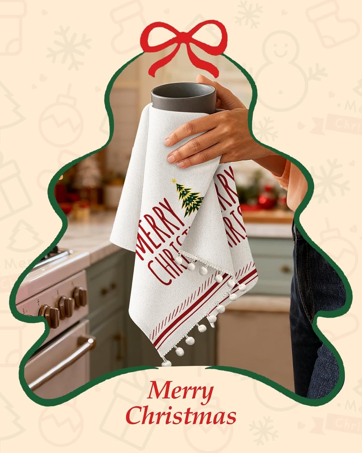 image:imageMiss Adola Christmas Kitchen Towels with Tassels Cotton Christmas Kitchen Towels 16x26 Inch Terry Cloth Decorative Xmas Theme Dish Towel for Holiday Cute Designs with Xmas Tree for Gifting