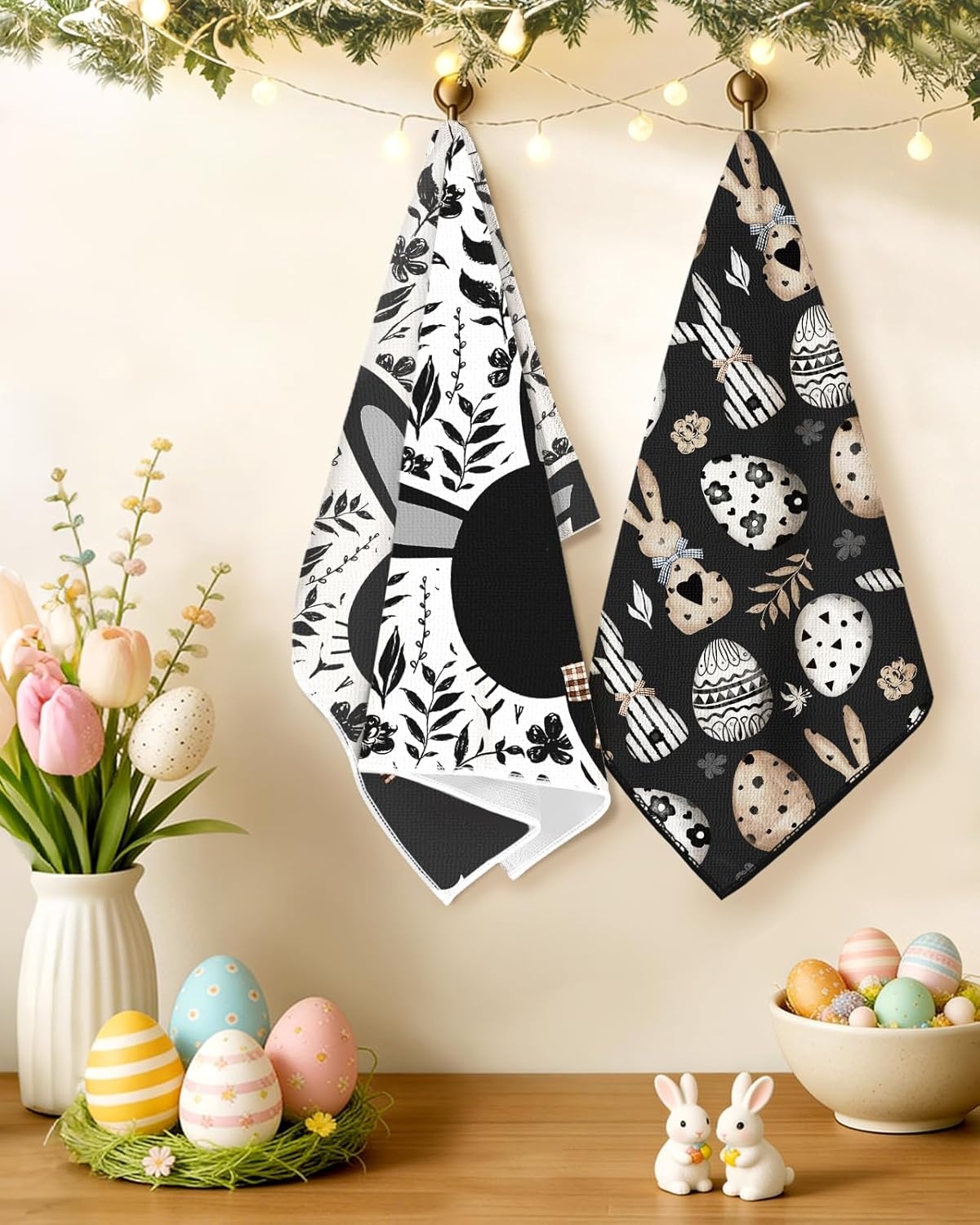 image:imageMiss Adola Easter Kitchen Towels Happy Easter 18x26 Inch Microfiber Kitchen Dish Cloth 2pcs Decorative Absorbent Hand Towels with Hanging Loop for Gifting HousewarmingBlack Bunnies