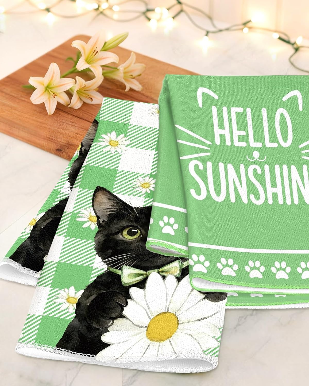 image:imageMiss Adola Easter Kitchen Towels Happy Easter 18x26 Inch Microfiber Kitchen Dish Cloth 2pcs Decorative Absorbent Hand Towels with Hanging Loop for Gifting HousewarmingGreen Cat