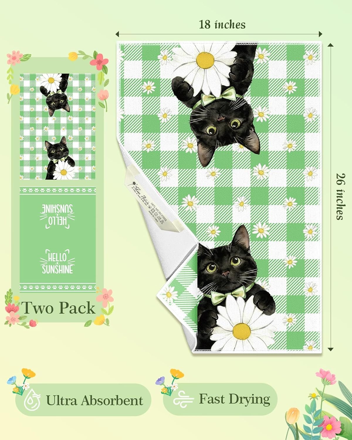 image:imageMiss Adola Easter Kitchen Towels Happy Easter 18x26 Inch Microfiber Kitchen Dish Cloth 2pcs Decorative Absorbent Hand Towels with Hanging Loop for Gifting HousewarmingGreen Cat