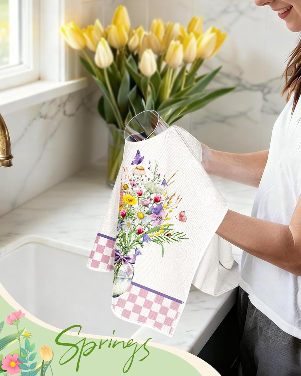 image:imageMiss Adola Easter Kitchen Towels Happy Easter 18x26 Inch Microfiber Kitchen Dish Cloth 2pcs Decorative Absorbent Hand Towels with Hanging Loop for Gifting HousewarmingWild Flowers