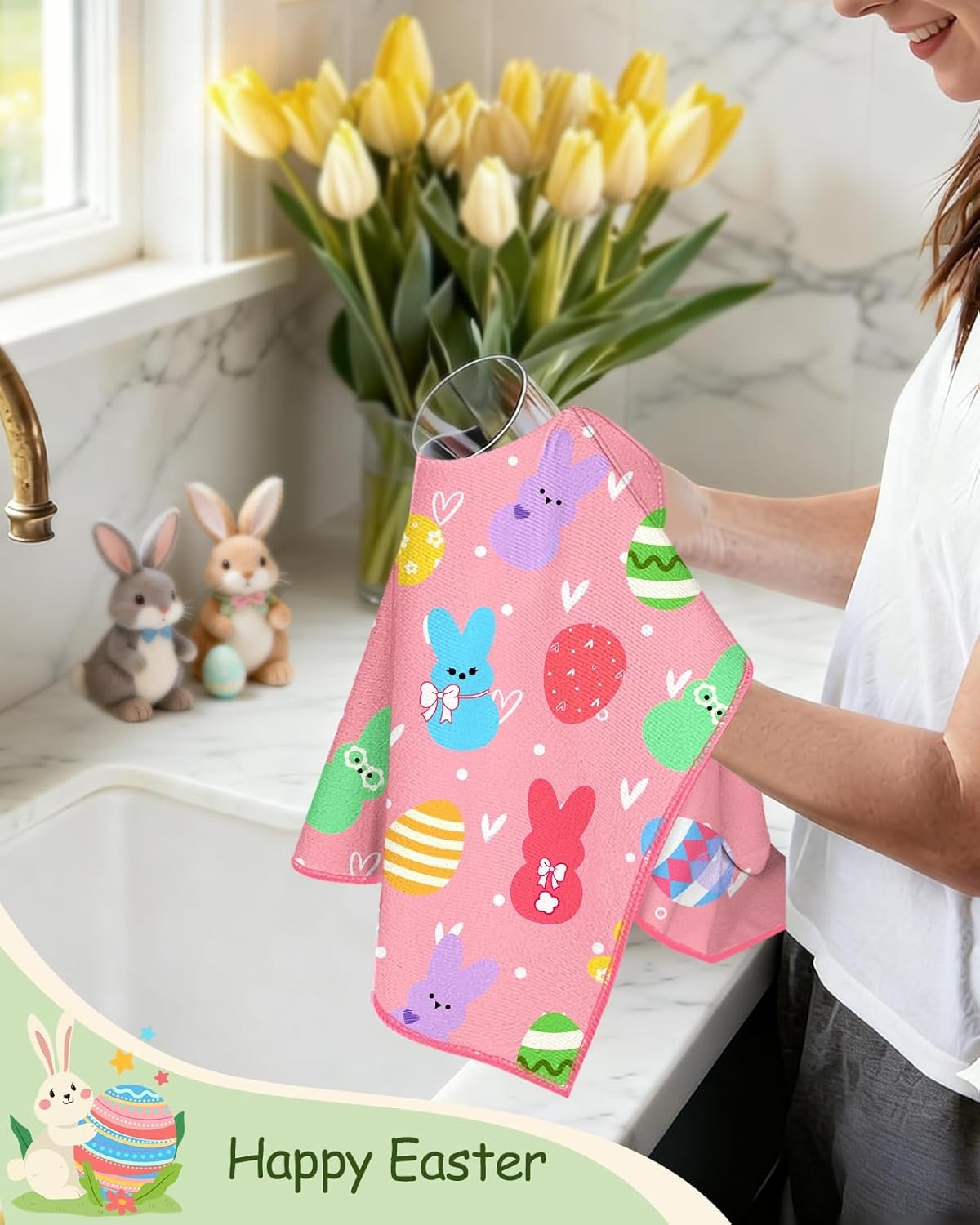 image:imageMiss Adola Easter Kitchen Towels Happy Easter 18x26 Inch Microfiber Kitchen Dish Cloth 2pcs Decorative Absorbent Hand Towels with Hanging Loop for Gifting HousewarmingHappy Easter