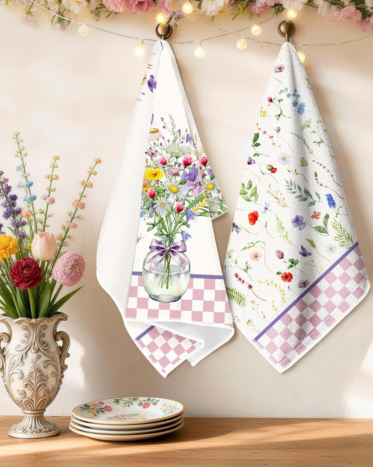 image:imageMiss Adola Easter Kitchen Towels Happy Easter 18x26 Inch Microfiber Kitchen Dish Cloth 2pcs Decorative Absorbent Hand Towels with Hanging Loop for Gifting HousewarmingWild Flowers