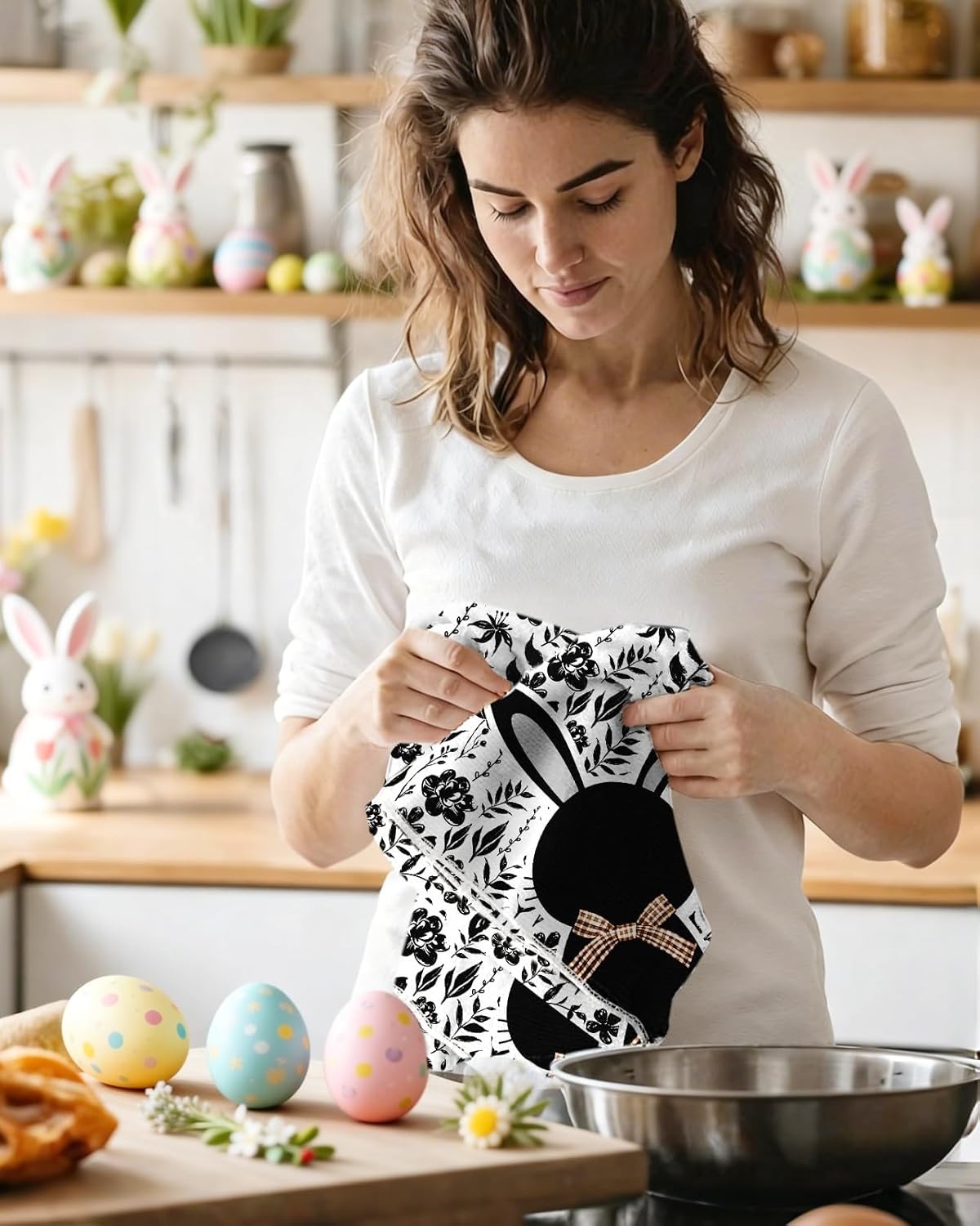 image:imageMiss Adola Easter Kitchen Towels Happy Easter 18x26 Inch Microfiber Kitchen Dish Cloth 2pcs Decorative Absorbent Hand Towels with Hanging Loop for Gifting HousewarmingBlack Bunnies