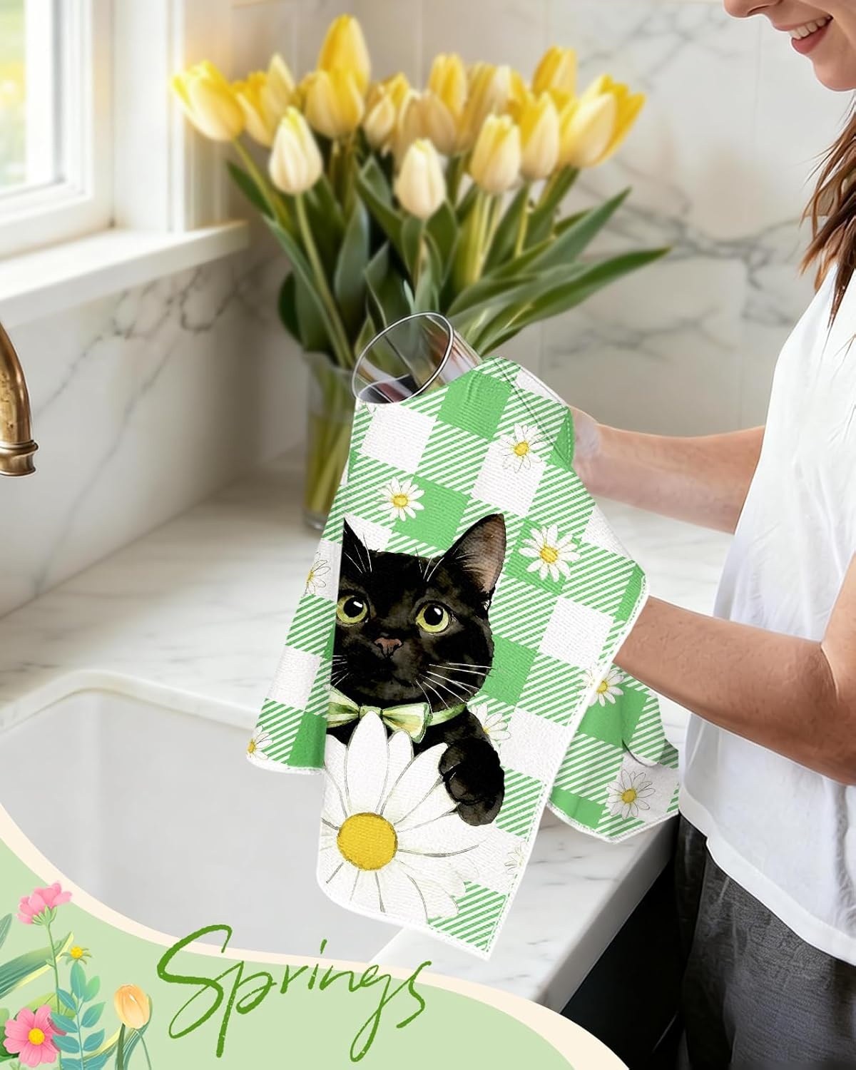 image:imageMiss Adola Easter Kitchen Towels Happy Easter 18x26 Inch Microfiber Kitchen Dish Cloth 2pcs Decorative Absorbent Hand Towels with Hanging Loop for Gifting HousewarmingGreen Cat