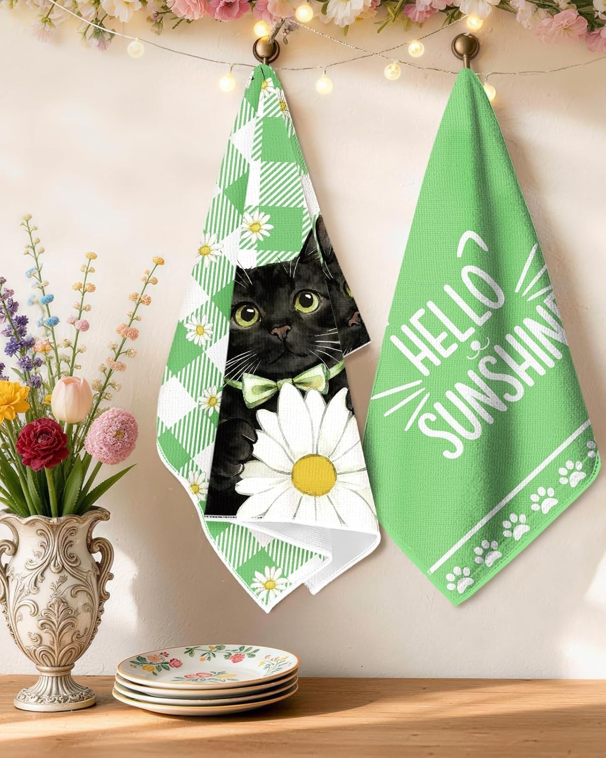 image:imageMiss Adola Easter Kitchen Towels Happy Easter 18x26 Inch Microfiber Kitchen Dish Cloth 2pcs Decorative Absorbent Hand Towels with Hanging Loop for Gifting HousewarmingGreen Cat