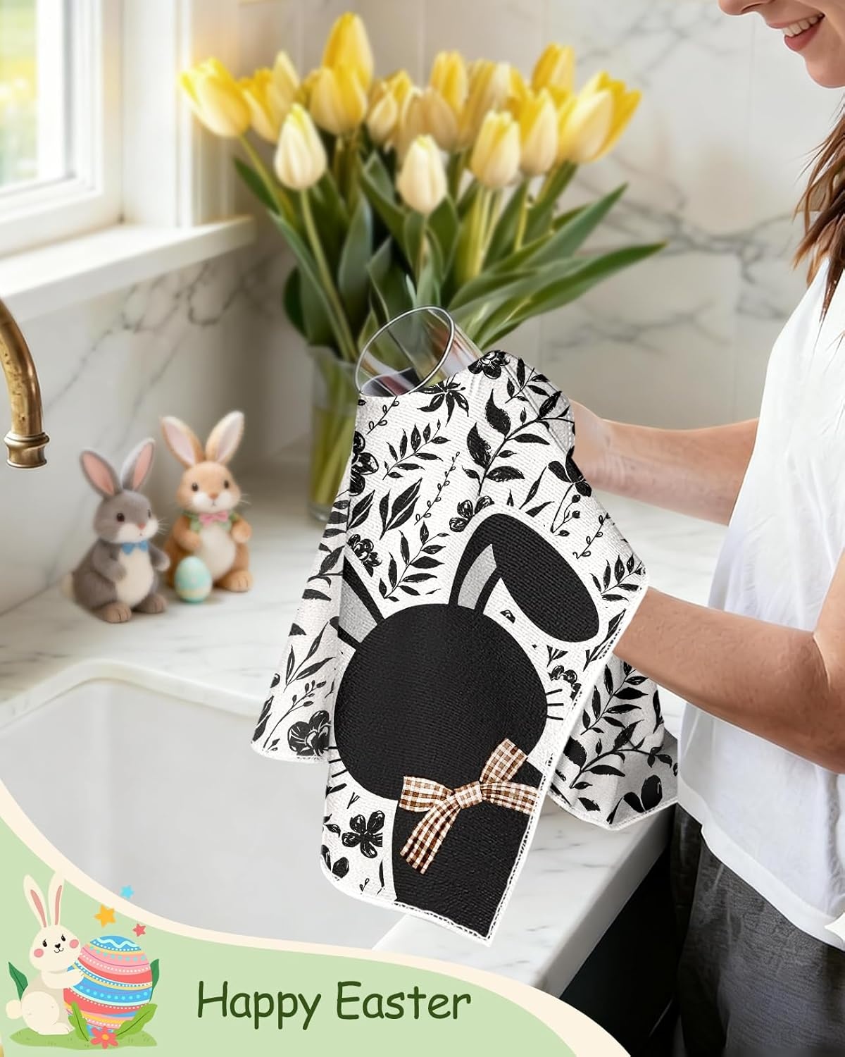 image:imageMiss Adola Easter Kitchen Towels Happy Easter 18x26 Inch Microfiber Kitchen Dish Cloth 2pcs Decorative Absorbent Hand Towels with Hanging Loop for Gifting HousewarmingBlack Bunnies