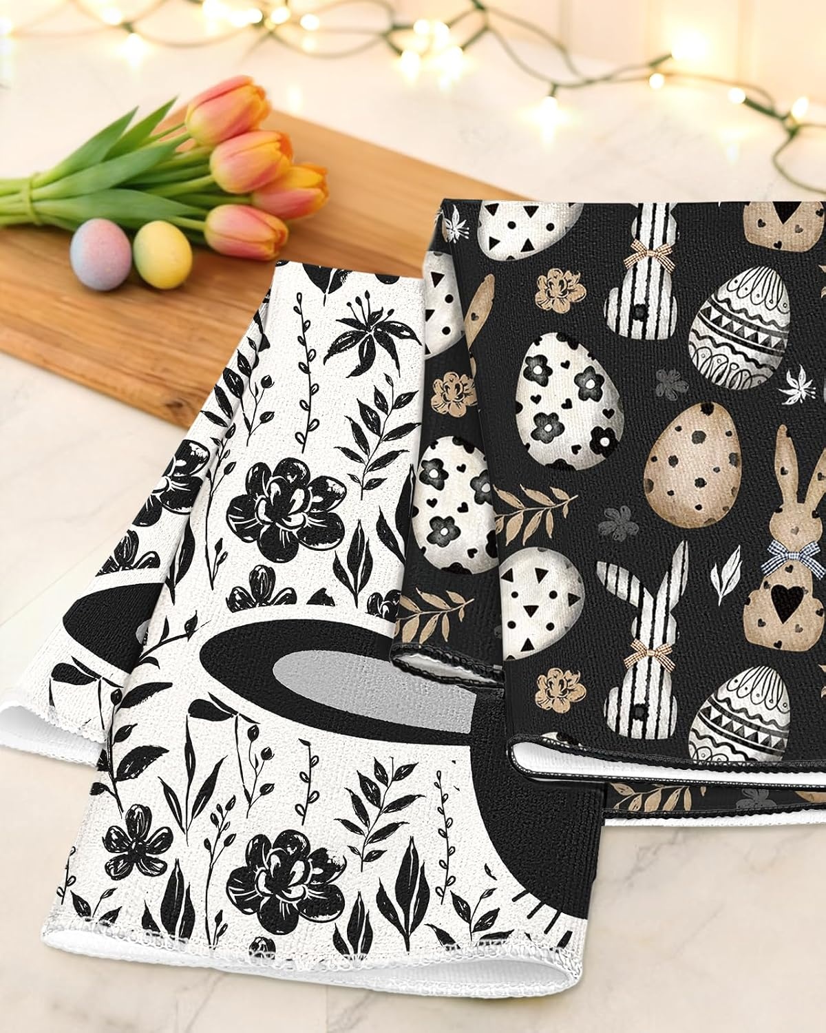 image:imageMiss Adola Easter Kitchen Towels Happy Easter 18x26 Inch Microfiber Kitchen Dish Cloth 2pcs Decorative Absorbent Hand Towels with Hanging Loop for Gifting HousewarmingBlack Bunnies