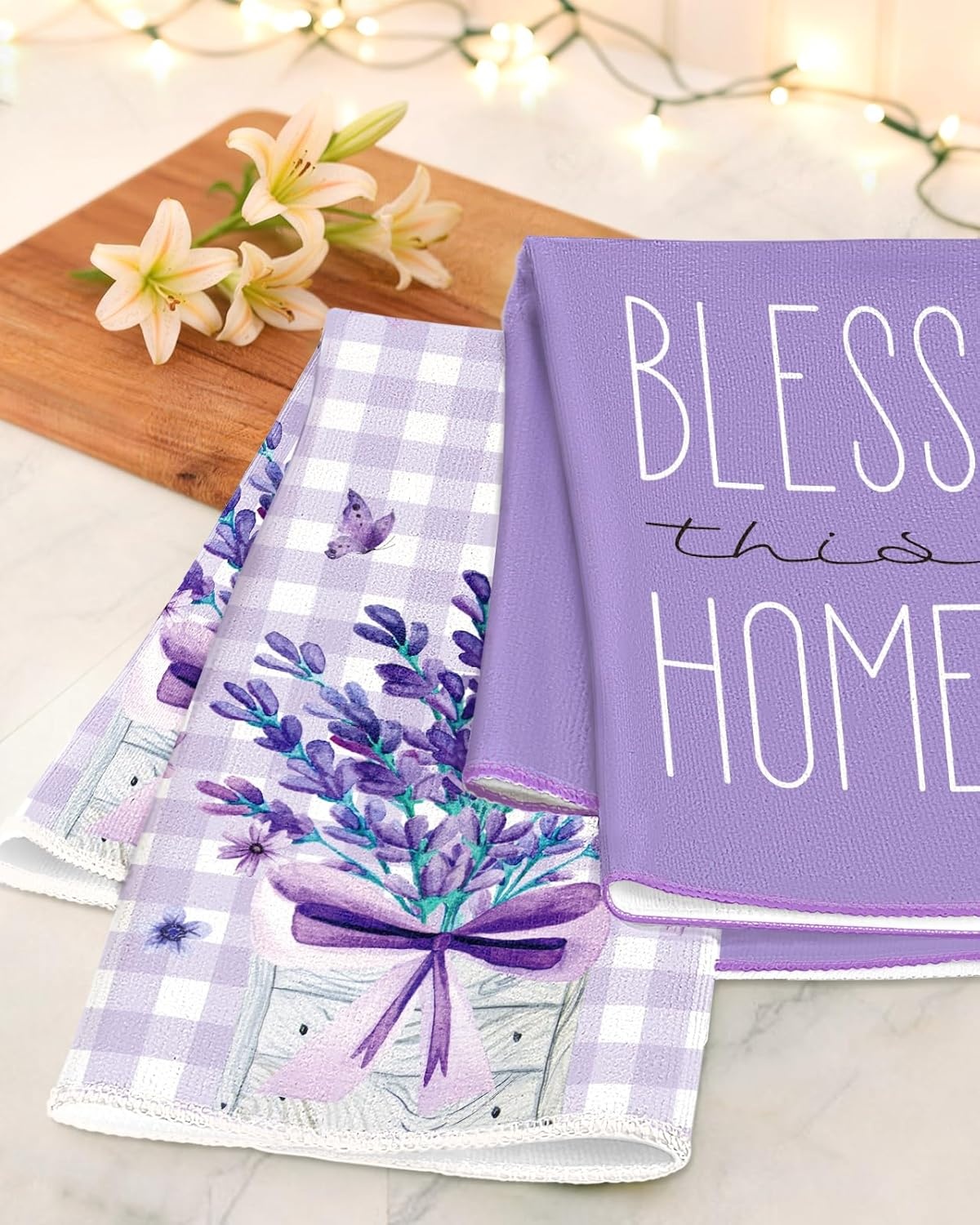 image:imageMiss Adola Easter Kitchen Towels Happy Easter 18x26 Inch Microfiber Kitchen Dish Cloth 2pcs Decorative Absorbent Hand Towels with Hanging Loop for Gifting HousewarmingLavender