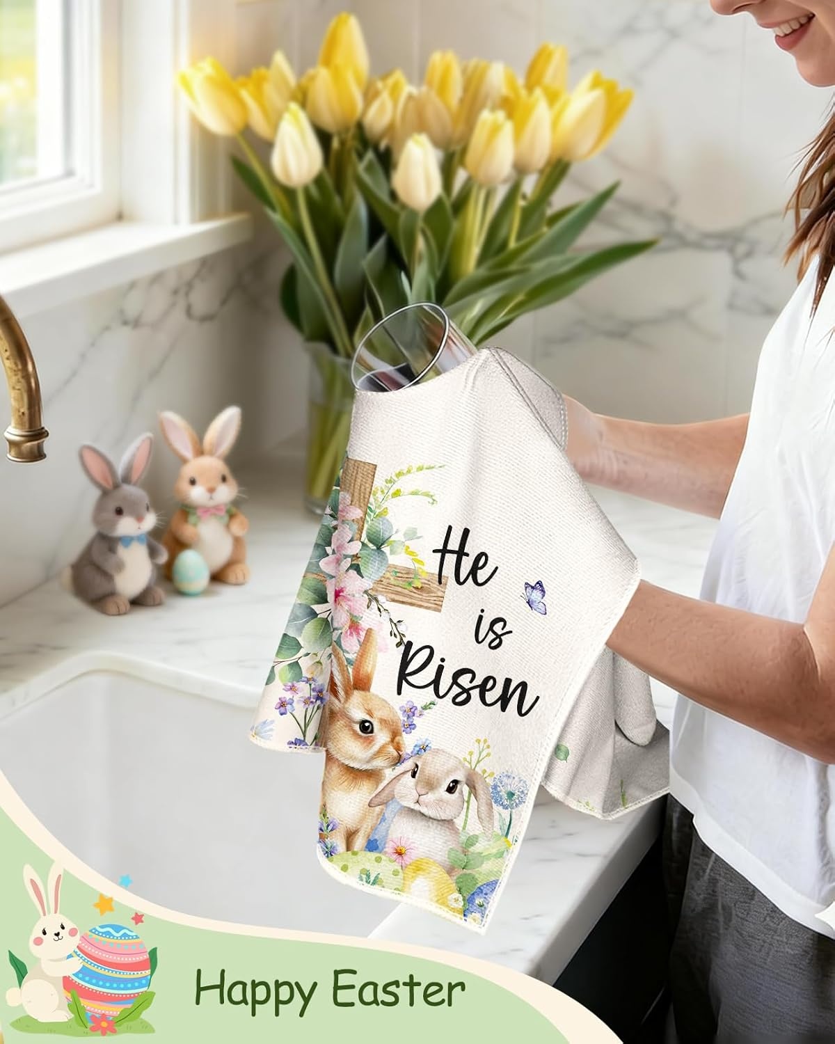 image:imageMiss Adola Easter Kitchen Towels Happy Easter 18x26 Inch Microfiber Kitchen Dish Cloth 2pcs Decorative Absorbent Hand Towels with Hanging Loop for Gifting HousewarmingHe is Risen
