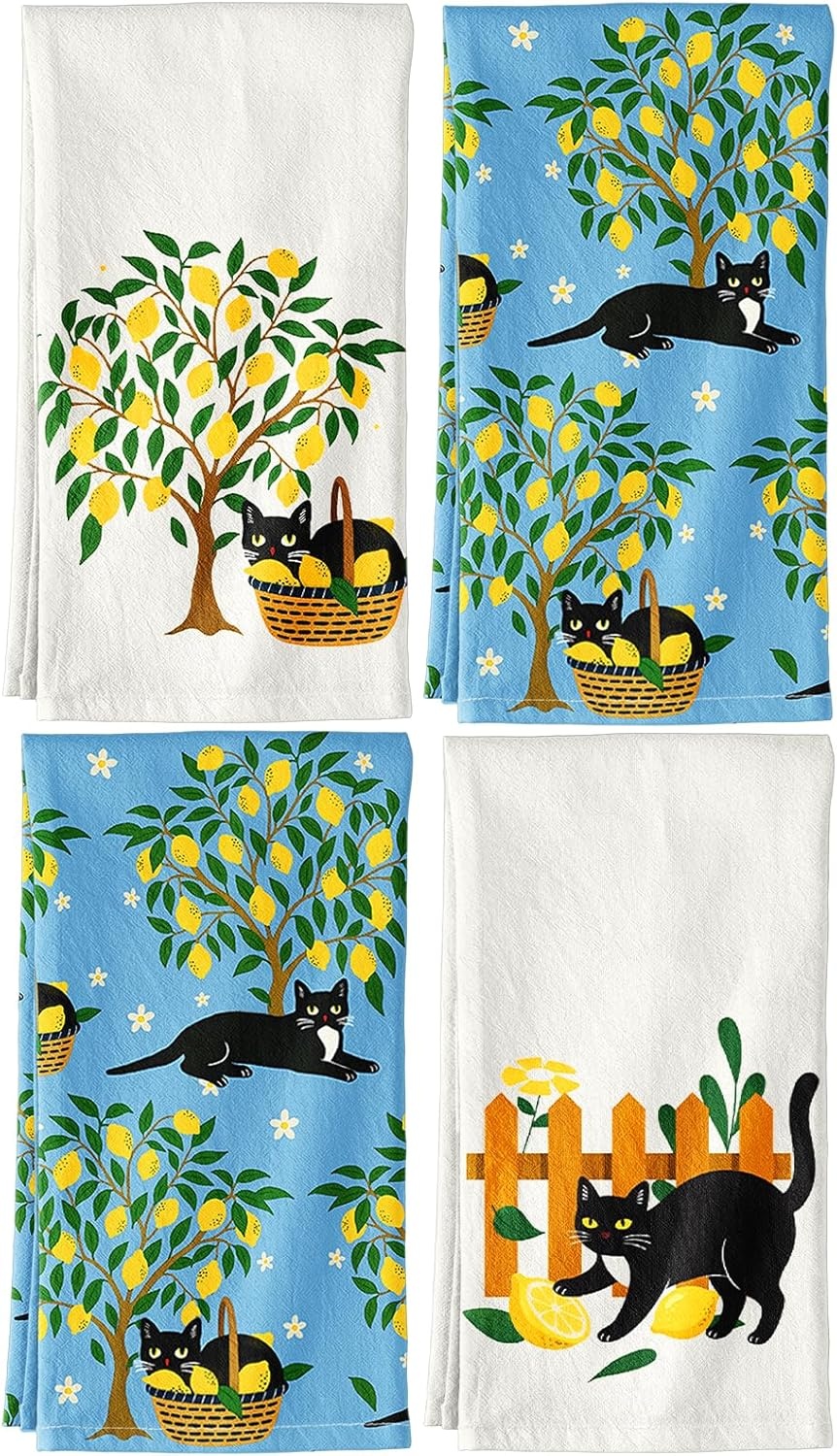 image:imageMiss Adola Flour Sack Kitchen Towels Set of 2 Cotton Dish Towels with Hanging Loop Decorative 18x26 Inch Absorbent Cute Design for Housewarming Gifts Retro FloralLemon Grove Cat
