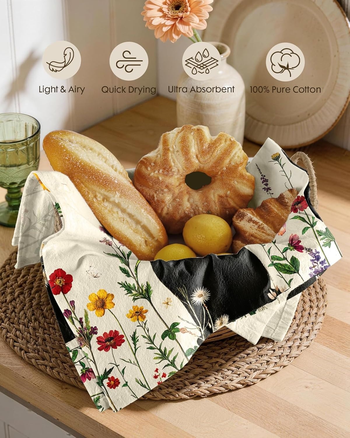 image:imageMiss Adola Flour Sack Kitchen Towels Set of 218x26 Cotton Dish Towels with Hanging Loop Reusable Tea Towel for Cleaning Spring Absorbent Dishcloths Cute Home Decor Housewarming Lemon BirdsCat in Flower
