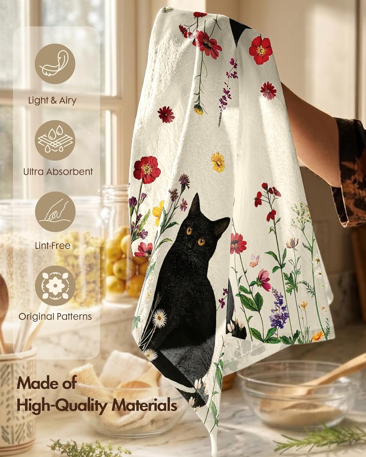 image:imageMiss Adola Flour Sack Kitchen Towels Set of 218x26 Cotton Dish Towels with Hanging Loop Reusable Tea Towel for Cleaning Spring Absorbent Dishcloths Cute Home Decor Housewarming Lemon BirdsCat in Flower