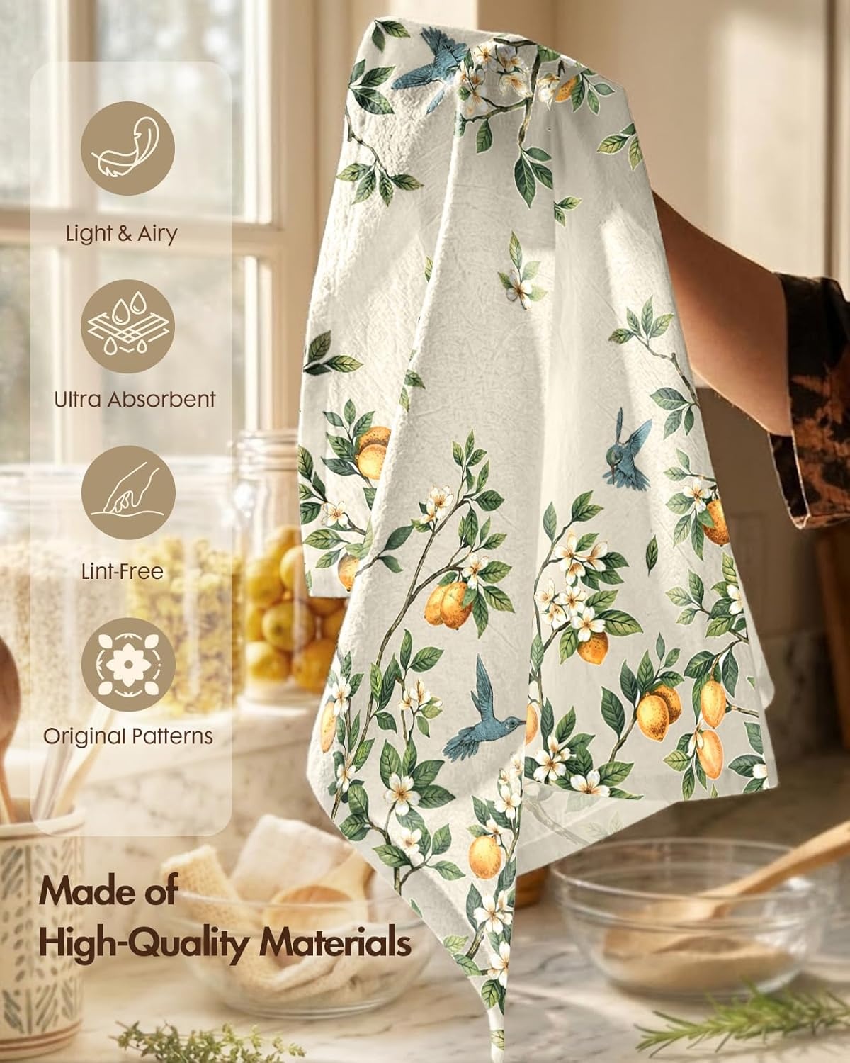 image:imageMiss Adola Flour Sack Kitchen Towels Set of 218x26 Cotton Dish Towels with Hanging Loop Reusable Tea Towel for Cleaning Spring Absorbent Dishcloths Cute Home Decor Housewarming Lemon BirdsLemon Bird