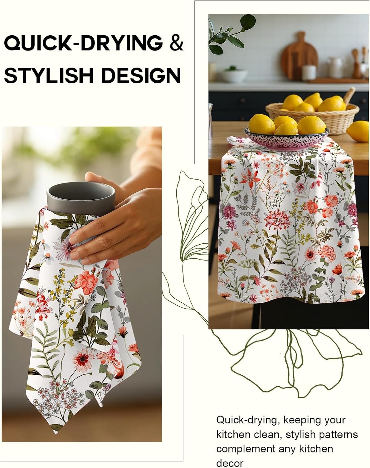 image:imageMiss Adola Flour Sack Kitchen Towels Set of 218x26 Cotton Dish Towels with Hanging Loop Reusable Tea Towel for Cleaning Spring Absorbent Dishcloths Cute Home Decor Housewarming Lemon BirdsFlower Shrubs