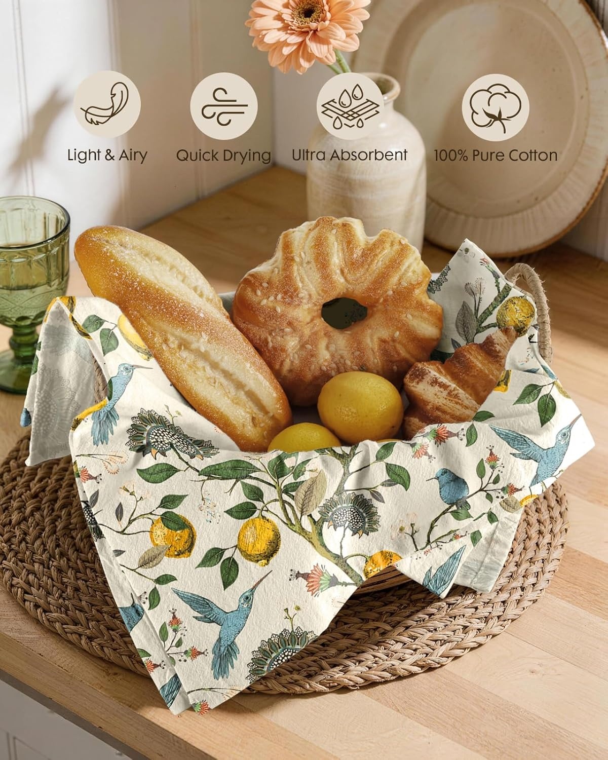 image:imageMiss Adola Flour Sack Kitchen Towels Set of 218x26 Cotton Dish Towels with Hanging Loop Reusable Tea Towel for Cleaning Spring Absorbent Dishcloths Cute Home Decor Housewarming Lemon BirdsLemon Bird