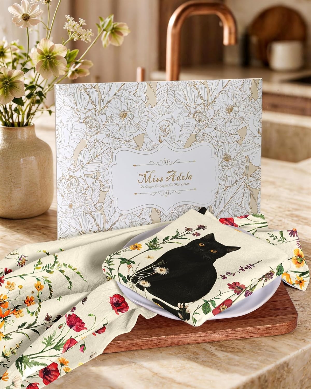 image:imageMiss Adola Flour Sack Kitchen Towels Set of 218x26 Cotton Dish Towels with Hanging Loop Reusable Tea Towel for Cleaning Spring Absorbent Dishcloths Cute Home Decor Housewarming Lemon BirdsCat in Flower