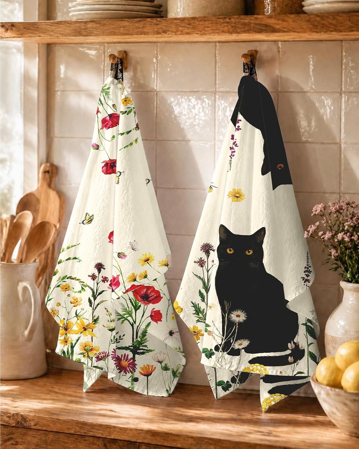 image:imageMiss Adola Flour Sack Kitchen Towels Set of 218x26 Cotton Dish Towels with Hanging Loop Reusable Tea Towel for Cleaning Spring Absorbent Dishcloths Cute Home Decor Housewarming Lemon BirdsCat in Flower