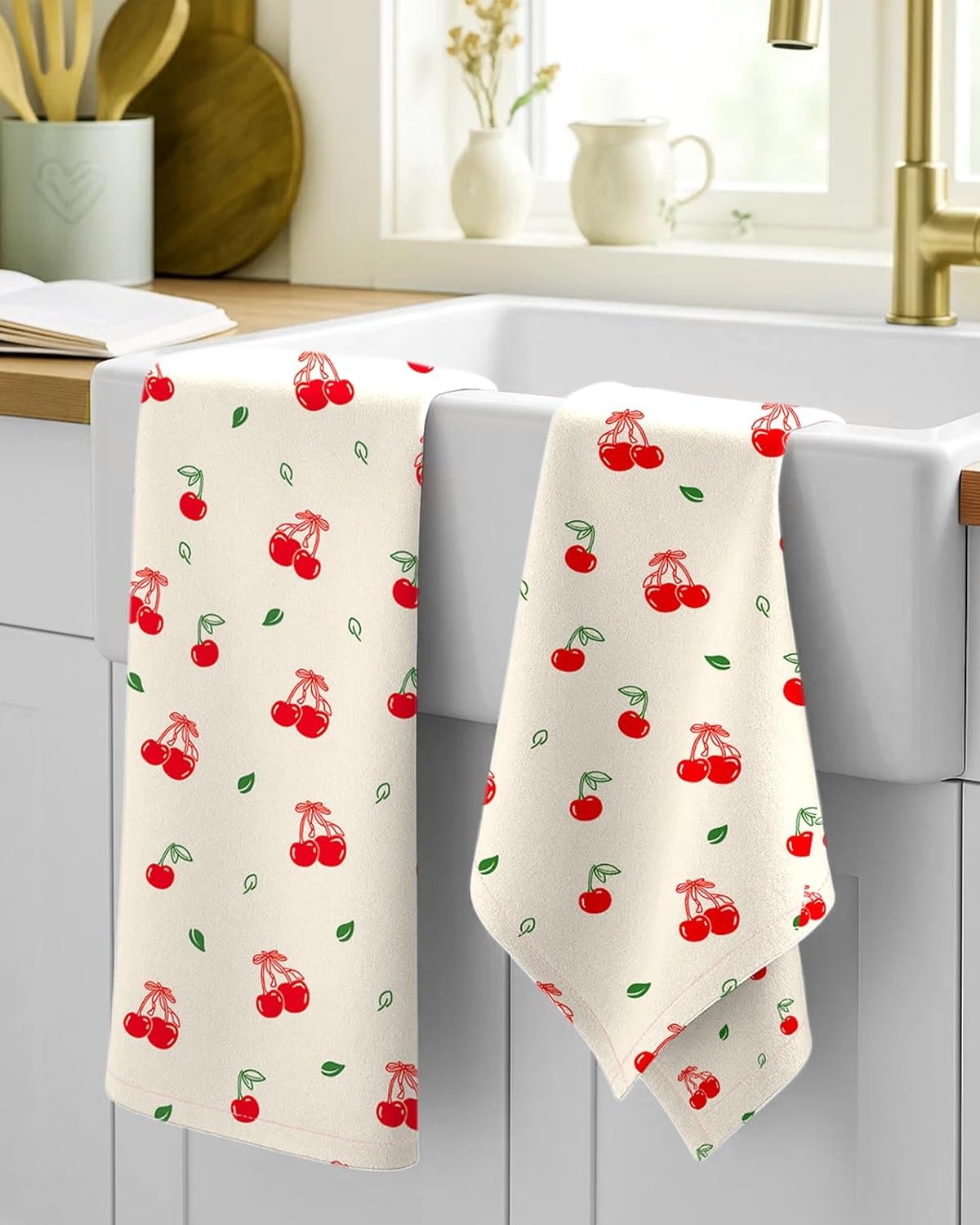image:imageMiss Adola Flour Sack Kitchen Towels Set of 218x26 Cotton Dish Towels with Hanging Loop Reusable Tea Towel for Cleaning Spring Absorbent Dishcloths Cute Home Decor Housewarming Lemon BirdsBow Cherry