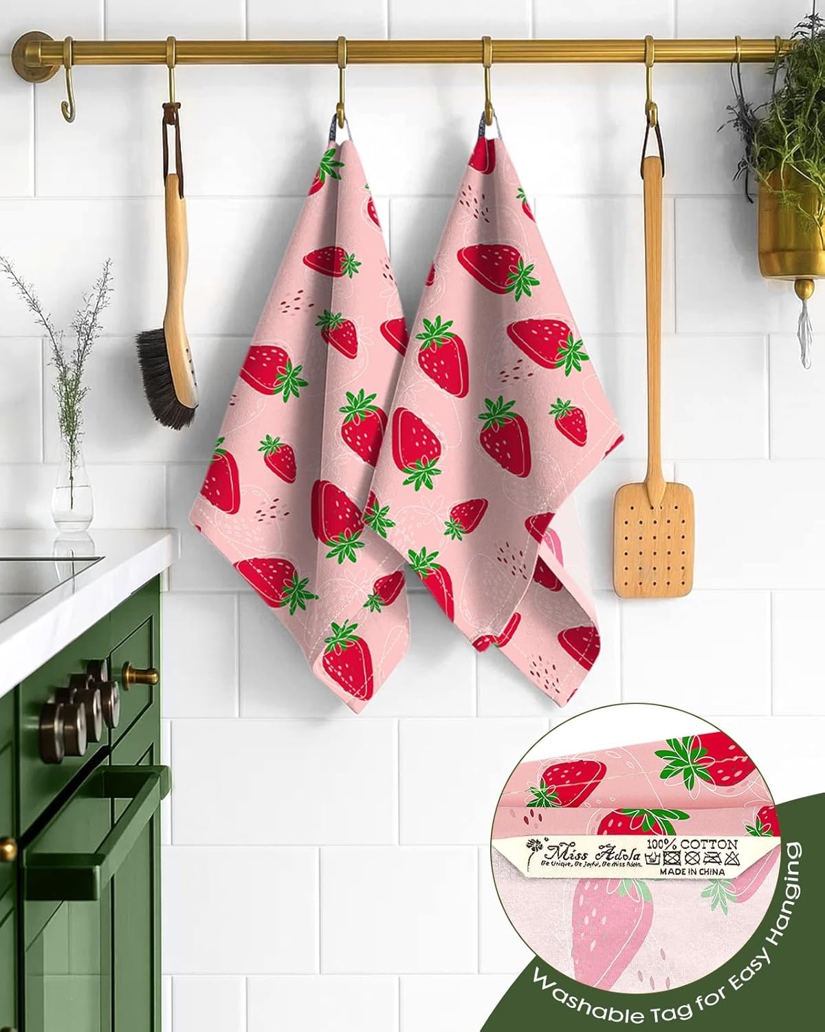 image:imageMiss Adola Flour Sack Kitchen Towels Set of 218x26 Cotton Dish Towels with Hanging Loop Reusable Tea Towel for Cleaning Spring Absorbent Dishcloths Cute Home Decor Housewarming Lemon BirdsLine Strawberry
