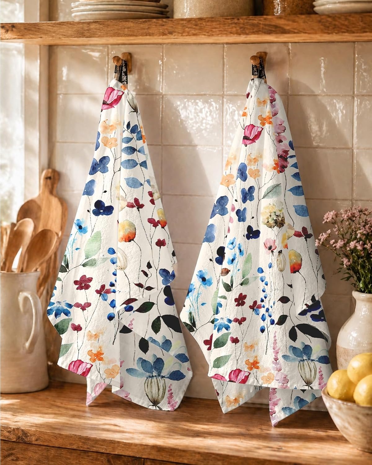 image:imageMiss Adola Flour Sack Kitchen Towels Set of 218x26 Cotton Dish Towels with Hanging Loop Reusable Tea Towel for Cleaning Spring Absorbent Dishcloths Cute Home Decor Housewarming Lemon BirdsWild Flower