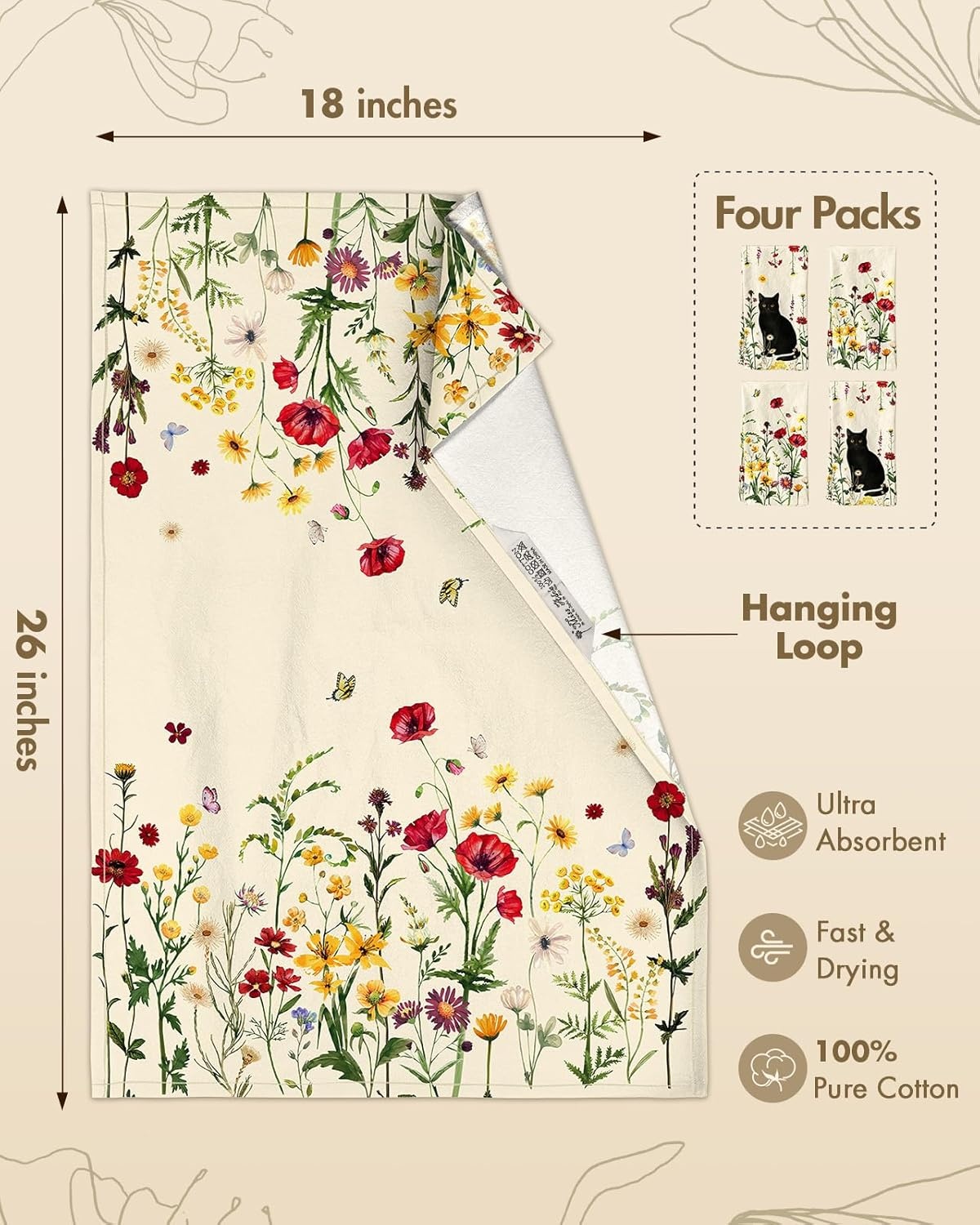 image:imageMiss Adola Flour Sack Kitchen Towels Set of 218x26 Cotton Dish Towels with Hanging Loop Reusable Tea Towel for Cleaning Spring Absorbent Dishcloths Cute Home Decor Housewarming Lemon BirdsCat in Flower
