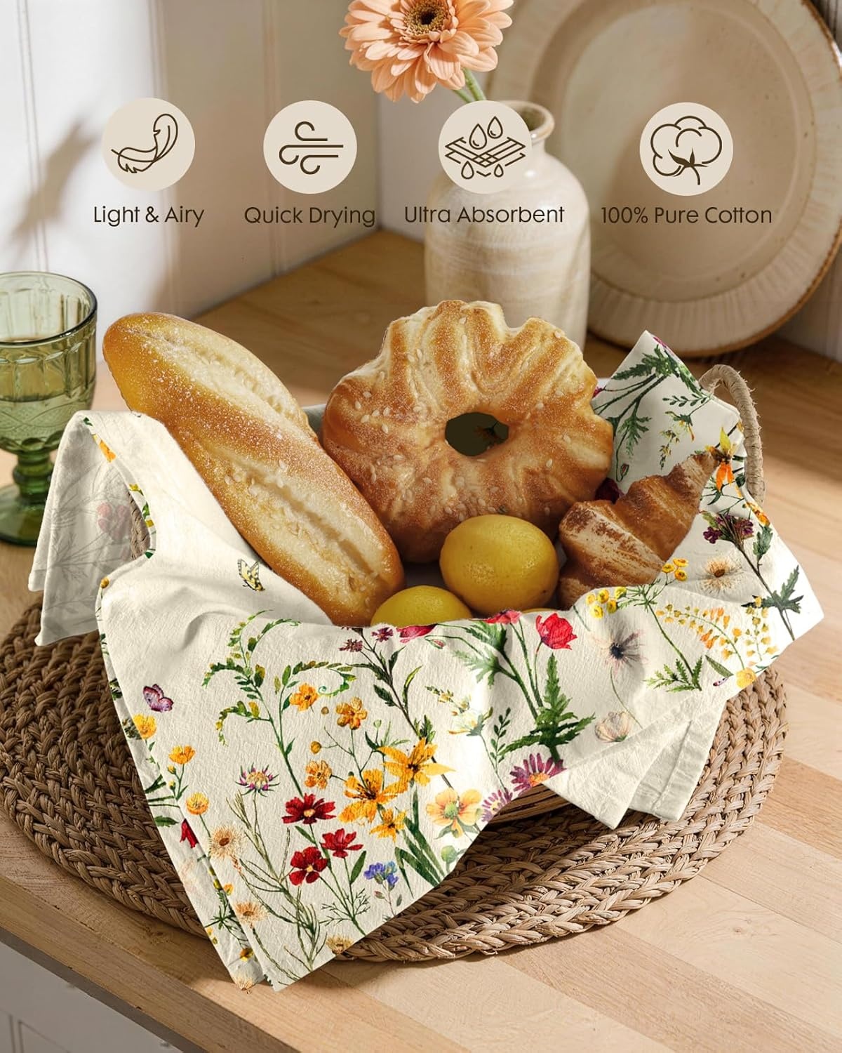 image:imageMiss Adola Flour Sack Kitchen Towels Set of 218x26 Cotton Dish Towels with Hanging Loop Reusable Tea Towel for Cleaning Spring Absorbent Dishcloths Cute Home Decor Housewarming Lemon BirdsCat in Flower