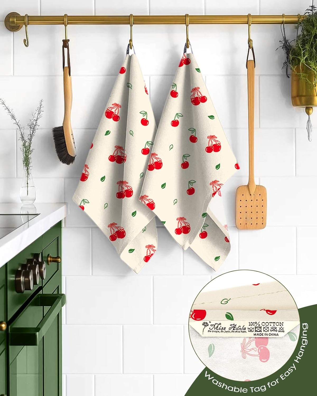 image:imageMiss Adola Flour Sack Kitchen Towels Set of 218x26 Cotton Dish Towels with Hanging Loop Reusable Tea Towel for Cleaning Spring Absorbent Dishcloths Cute Home Decor Housewarming Lemon BirdsBow Cherry