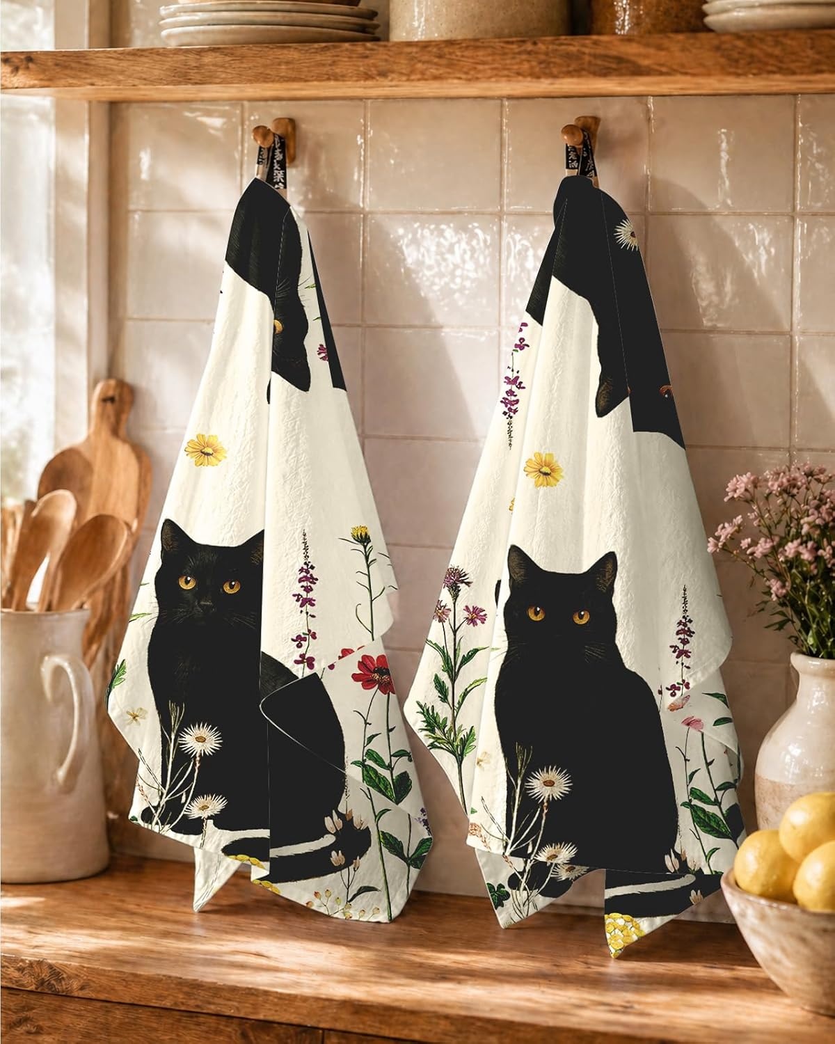 image:imageMiss Adola Flour Sack Kitchen Towels Set of 218x26 Cotton Dish Towels with Hanging Loop Reusable Tea Towel for Cleaning Spring Absorbent Dishcloths Cute Home Decor Housewarming Lemon BirdsCat in Flower