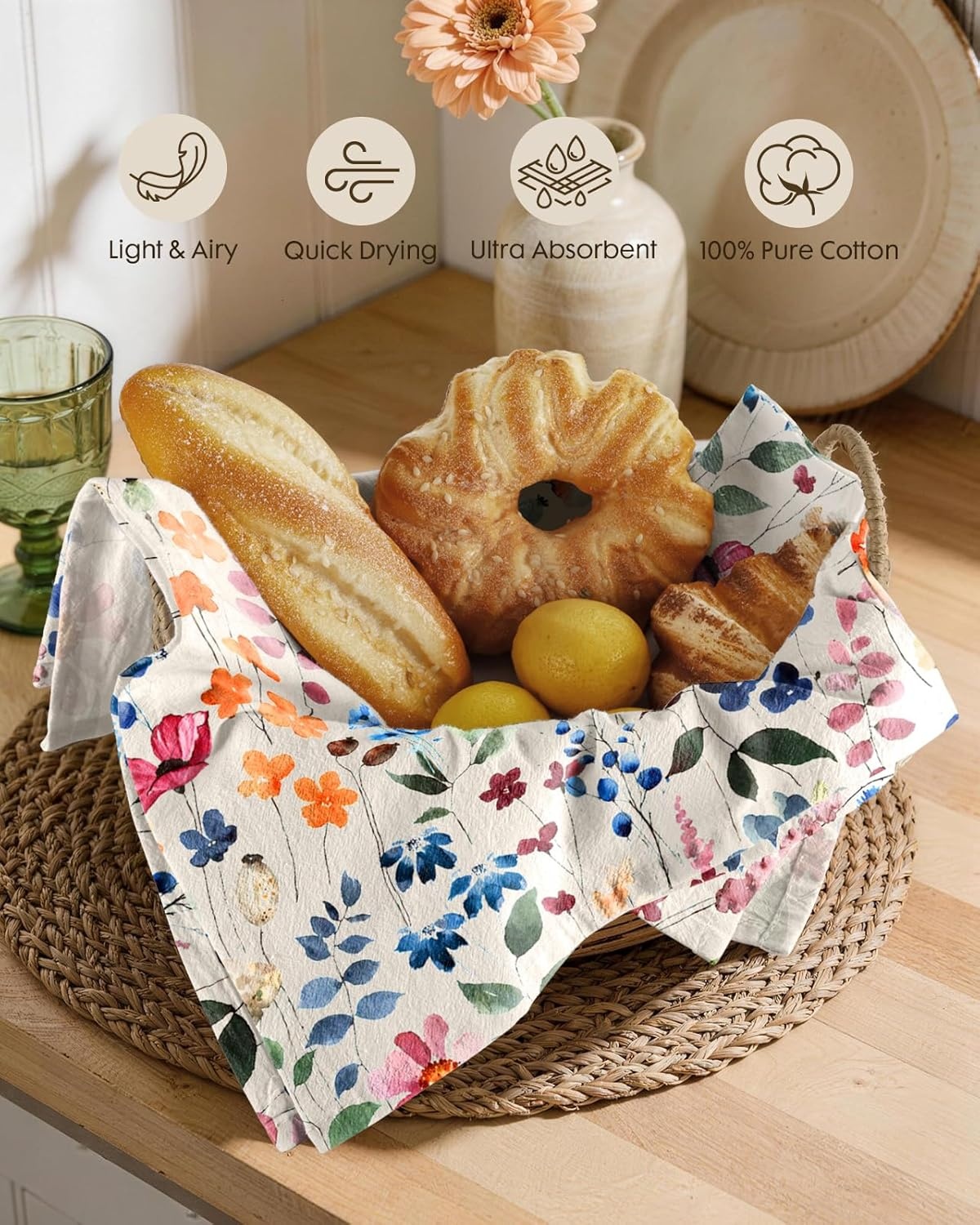 image:imageMiss Adola Flour Sack Kitchen Towels Set of 218x26 Cotton Dish Towels with Hanging Loop Reusable Tea Towel for Cleaning Spring Absorbent Dishcloths Cute Home Decor Housewarming Lemon BirdsWild Flower