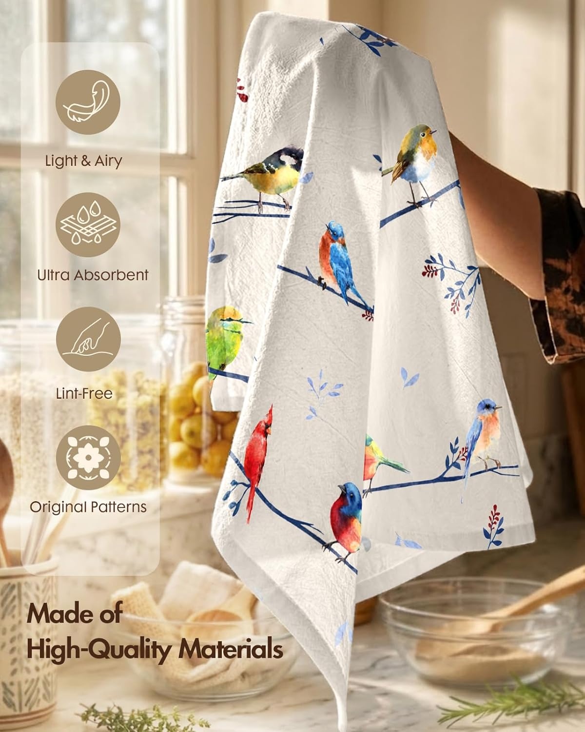 image:imageMiss Adola Flour Sack Kitchen Towels Set of 218x26 Cotton Dish Towels with Hanging Loop Reusable Tea Towel for Cleaning Spring Absorbent Dishcloths Cute Home Decor Housewarming Lemon BirdsWatercolor Bird