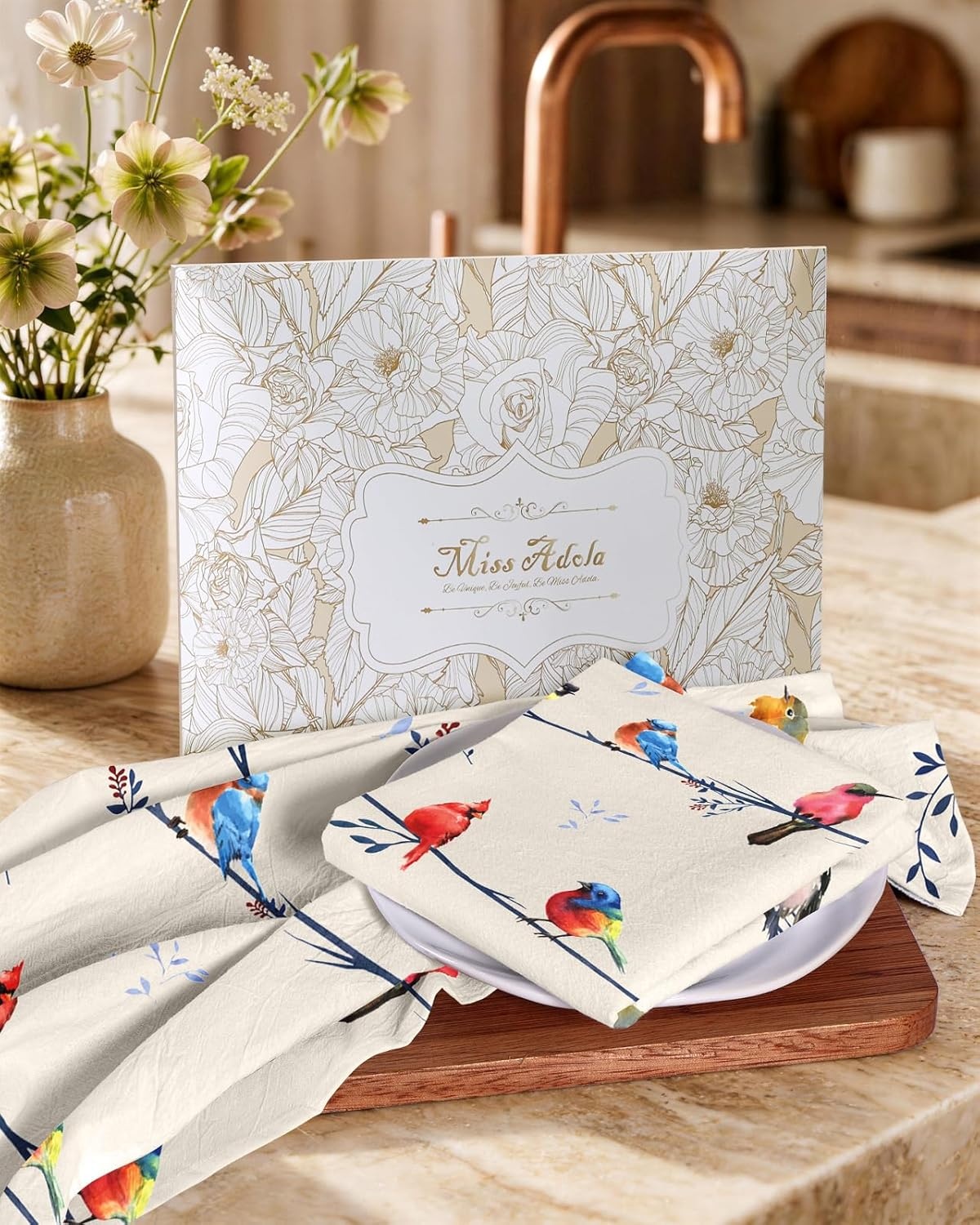 image:imageMiss Adola Flour Sack Kitchen Towels Set of 218x26 Cotton Dish Towels with Hanging Loop Reusable Tea Towel for Cleaning Spring Absorbent Dishcloths Cute Home Decor Housewarming Lemon BirdsWatercolor Bird