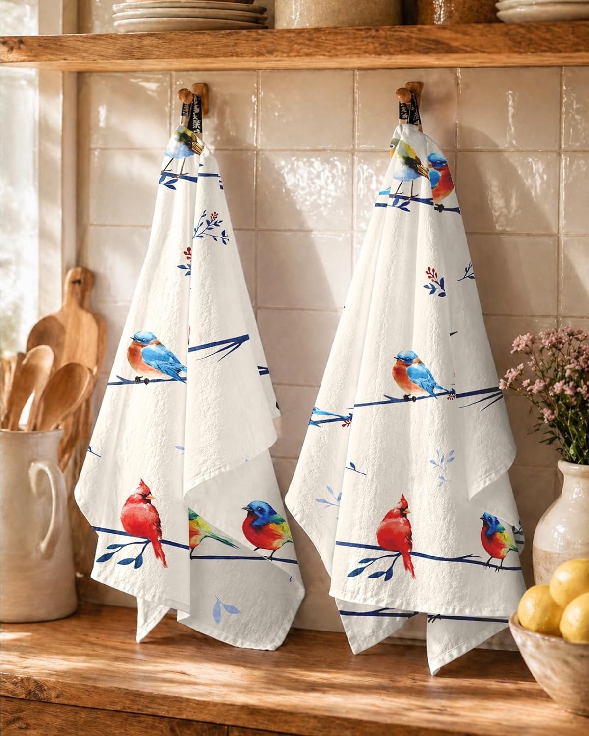 image:imageMiss Adola Flour Sack Kitchen Towels Set of 218x26 Cotton Dish Towels with Hanging Loop Reusable Tea Towel for Cleaning Spring Absorbent Dishcloths Cute Home Decor Housewarming Lemon BirdsWatercolor Bird