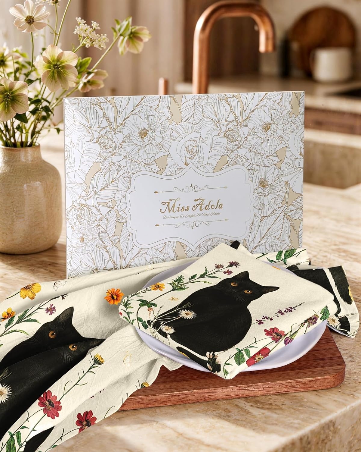 image:imageMiss Adola Flour Sack Kitchen Towels Set of 218x26 Cotton Dish Towels with Hanging Loop Reusable Tea Towel for Cleaning Spring Absorbent Dishcloths Cute Home Decor Housewarming Lemon BirdsCat in Flower
