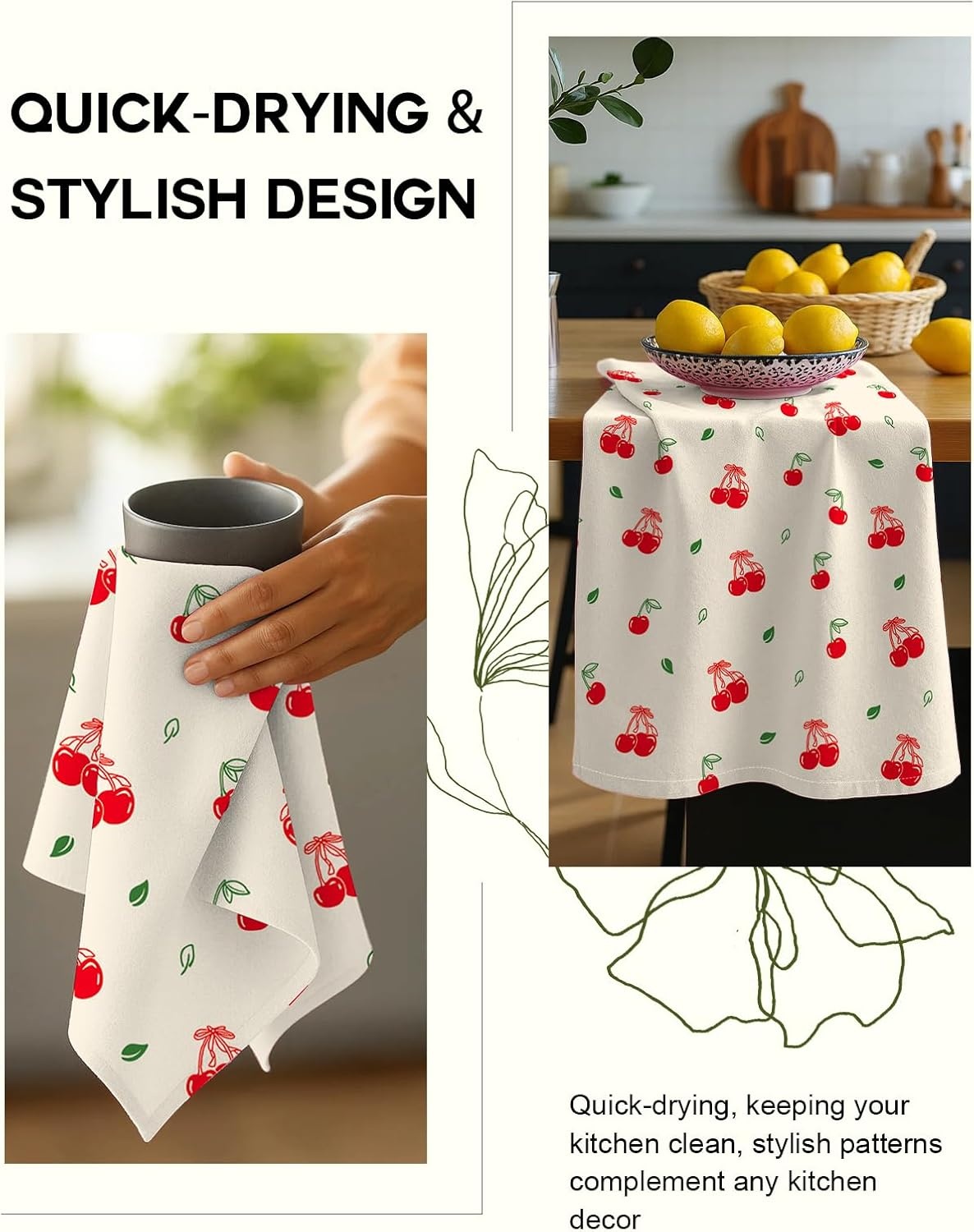 image:imageMiss Adola Flour Sack Kitchen Towels Set of 218x26 Cotton Dish Towels with Hanging Loop Reusable Tea Towel for Cleaning Spring Absorbent Dishcloths Cute Home Decor Housewarming Lemon BirdsBow Cherry