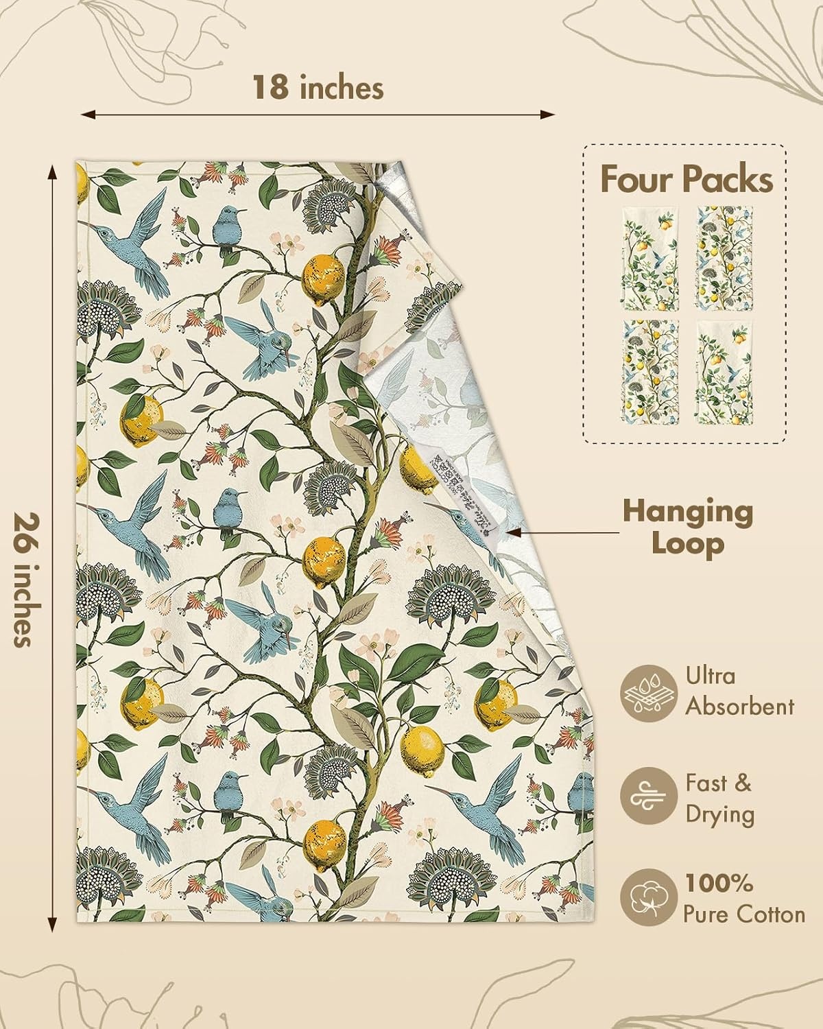 image:imageMiss Adola Flour Sack Kitchen Towels Set of 218x26 Cotton Dish Towels with Hanging Loop Reusable Tea Towel for Cleaning Spring Absorbent Dishcloths Cute Home Decor Housewarming Lemon BirdsLemon Bird