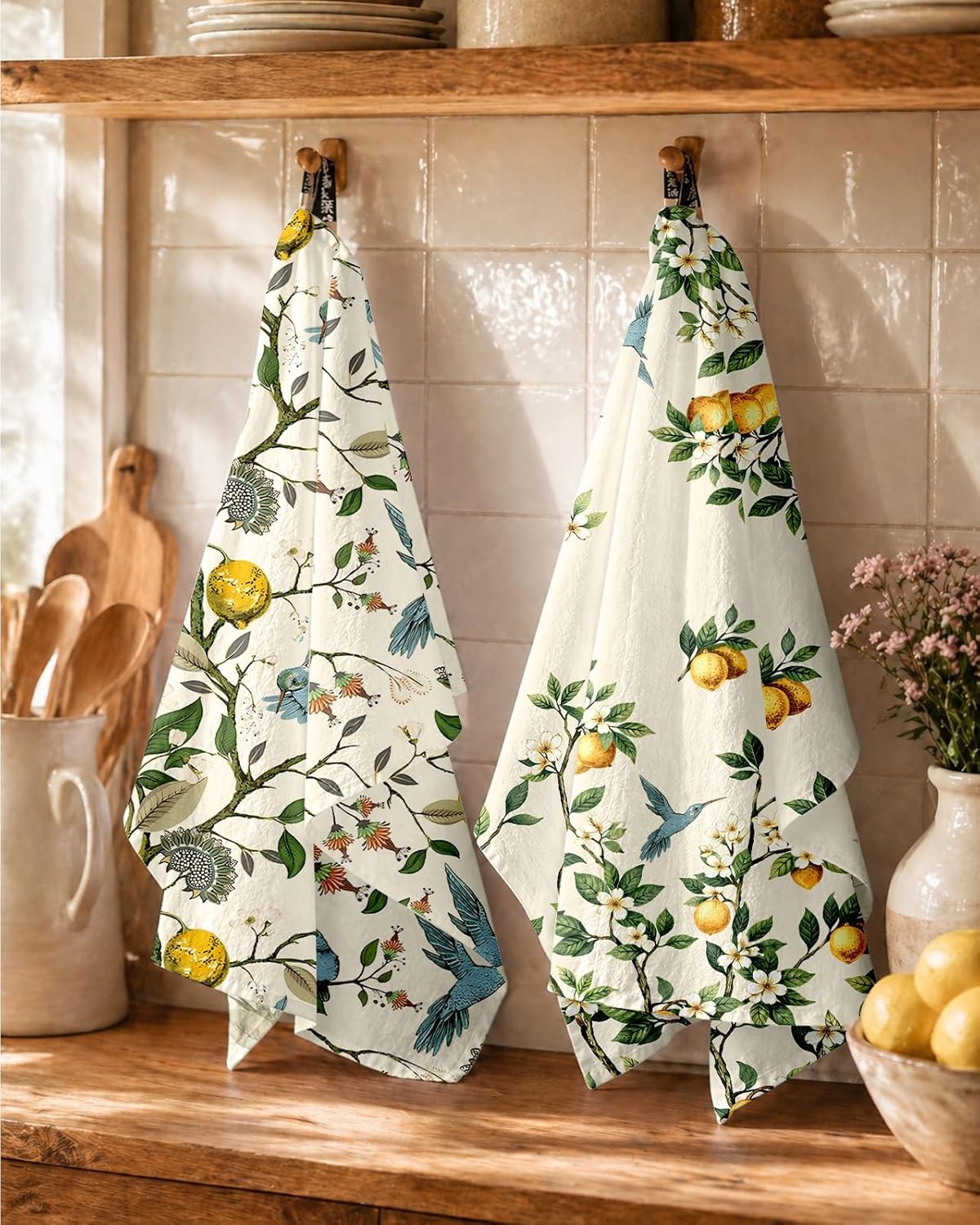 image:imageMiss Adola Flour Sack Kitchen Towels Set of 218x26 Cotton Dish Towels with Hanging Loop Reusable Tea Towel for Cleaning Spring Absorbent Dishcloths Cute Home Decor Housewarming Lemon BirdsLemon Bird