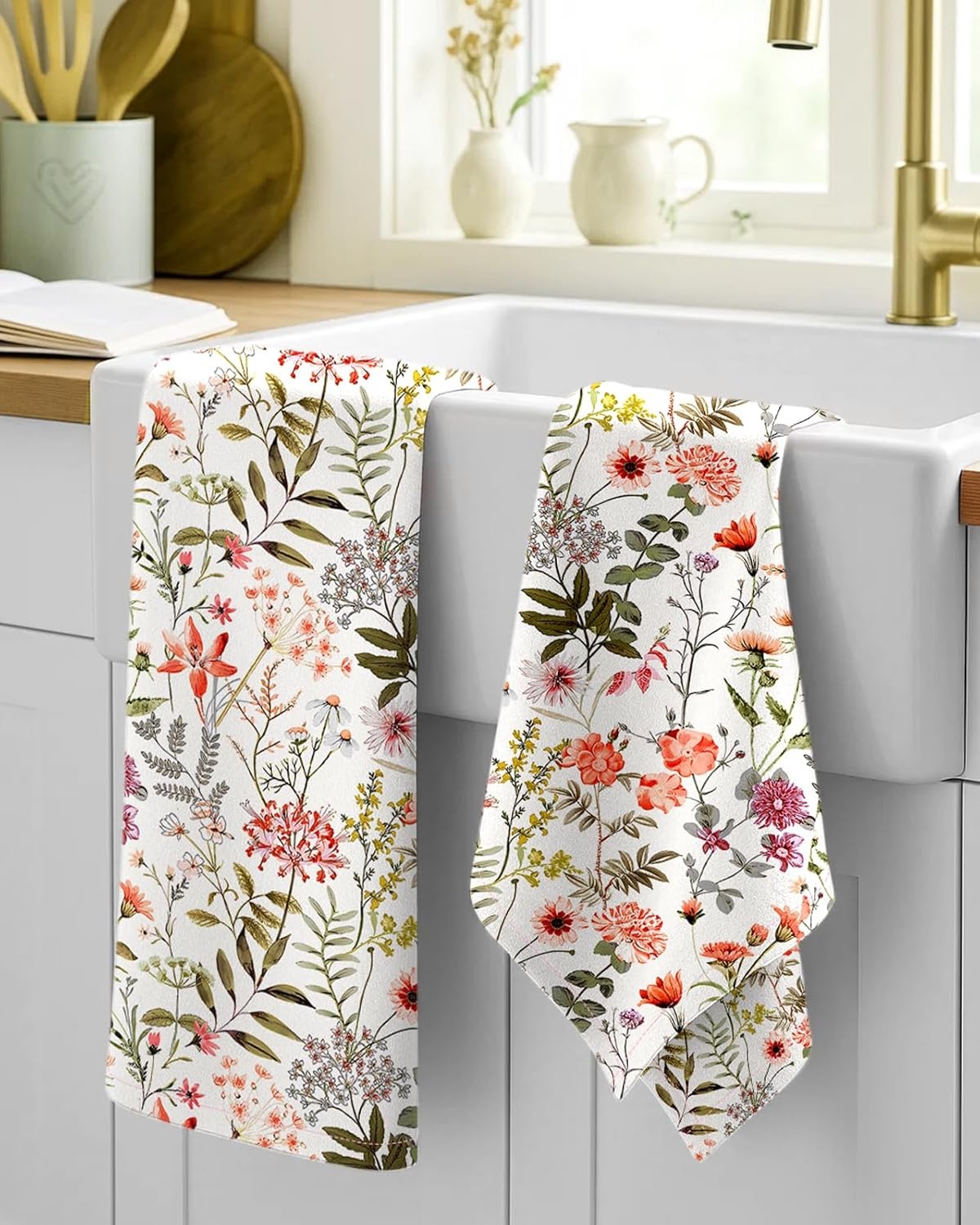 image:imageMiss Adola Flour Sack Kitchen Towels Set of 218x26 Cotton Dish Towels with Hanging Loop Reusable Tea Towel for Cleaning Spring Absorbent Dishcloths Cute Home Decor Housewarming Lemon BirdsFlower Shrubs