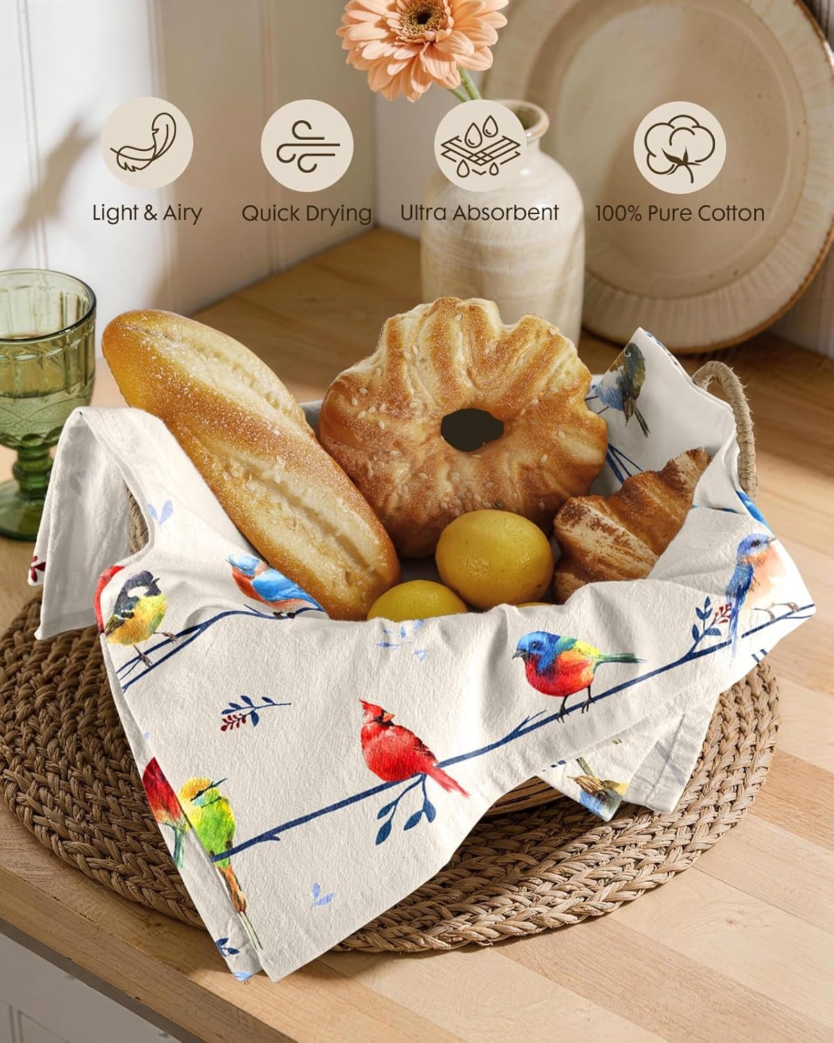 image:imageMiss Adola Flour Sack Kitchen Towels Set of 218x26 Cotton Dish Towels with Hanging Loop Reusable Tea Towel for Cleaning Spring Absorbent Dishcloths Cute Home Decor Housewarming Lemon BirdsWatercolor Bird