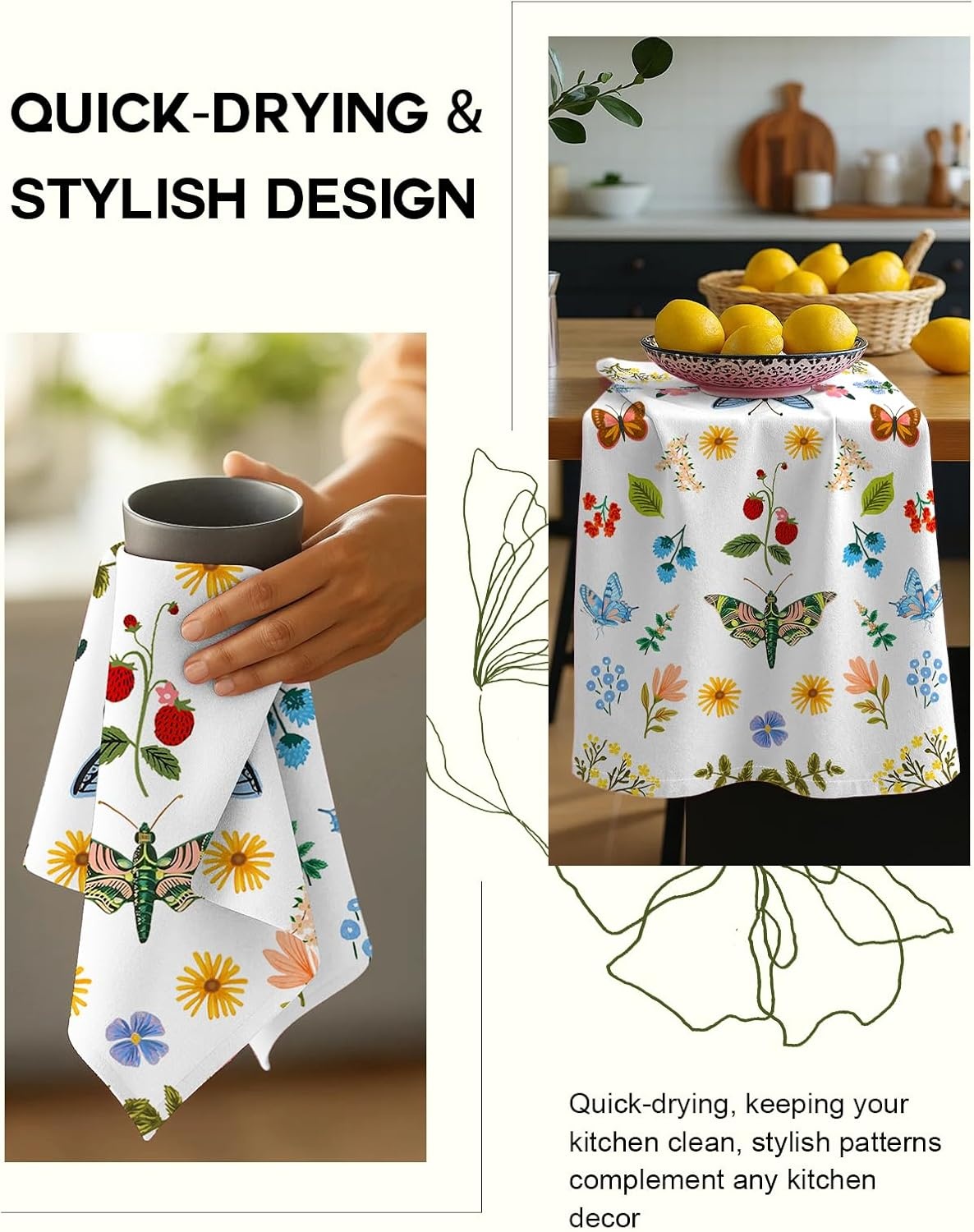 image:imageMiss Adola Flour Sack Kitchen Towels Set of 218x26 Cotton Dish Towels with Hanging Loop Reusable Tea Towel for Cleaning Spring Absorbent Dishcloths Cute Home Decor Housewarming Lemon BirdsButterfly Garden