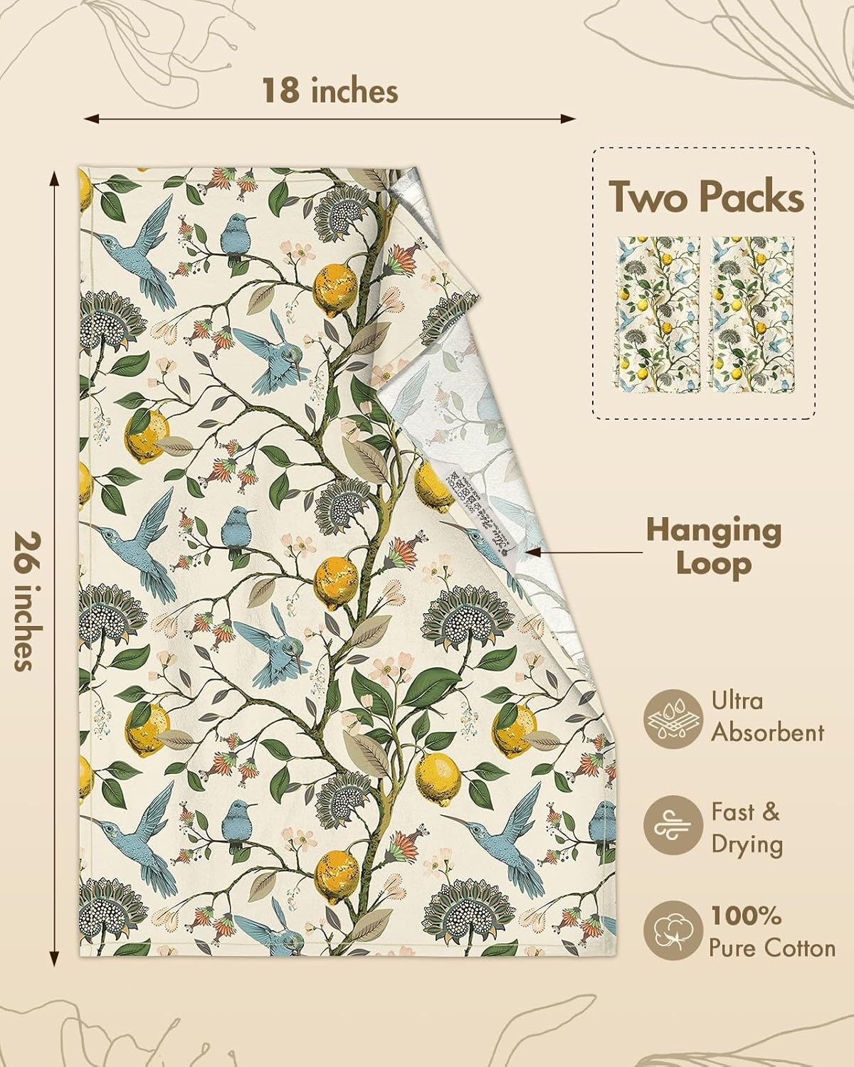 image:imageMiss Adola Flour Sack Kitchen Towels Set of 218x26 Cotton Dish Towels with Hanging Loop Reusable Tea Towel for Cleaning Spring Absorbent Dishcloths Cute Home Decor Housewarming Lemon BirdsLemon Bird